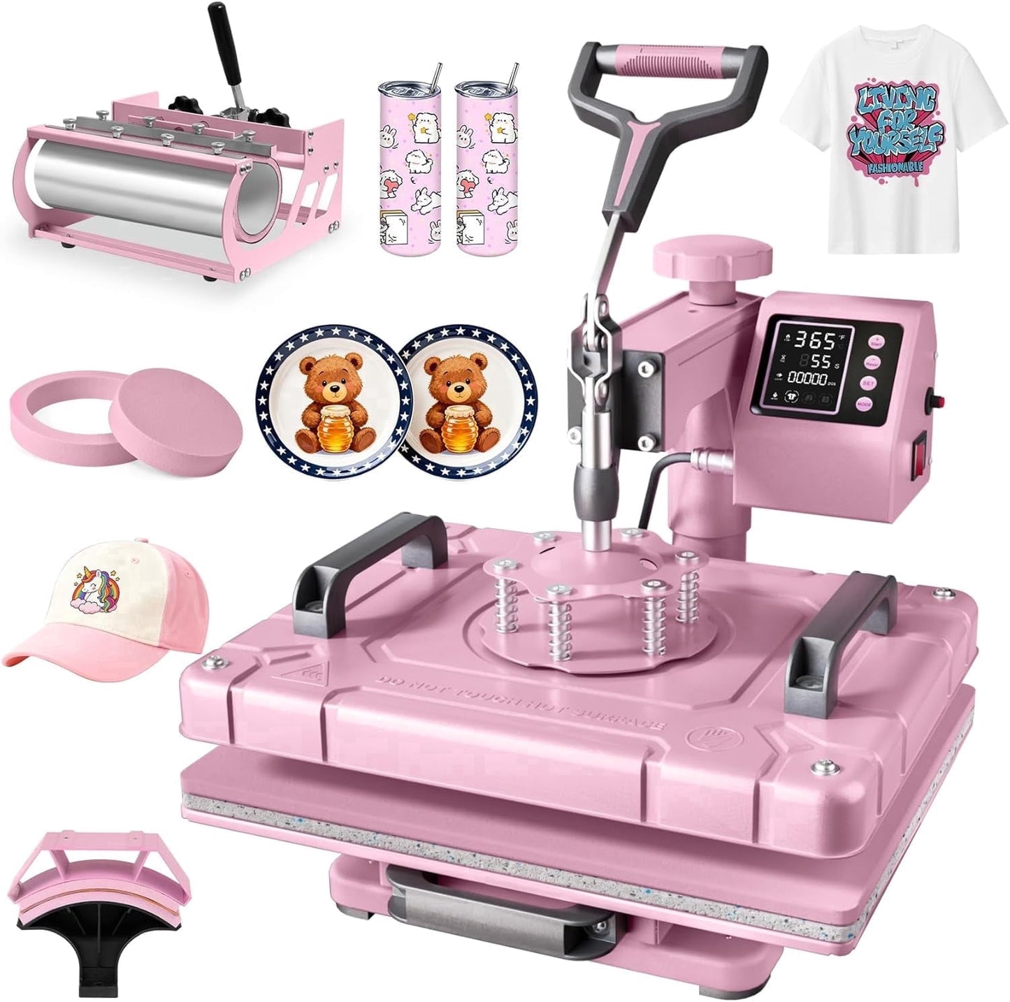 DKMOCO 5 in 1 Heat Press Machine with 30OZ Tumbler,12x15 inch 360Degree Swing Away Digital Sublimation Heat Transfer for Mugs T-Shirts Hat Cap Plate, Sanded pink