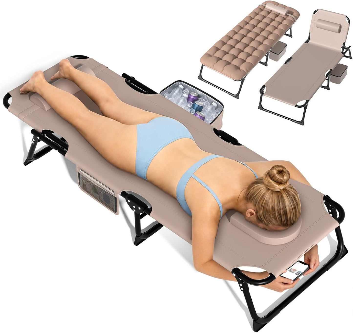 DKMOCO Sun Tanning Chair Oversized with Face Hole & Mat, 500lbs Folding Chaise Lounge Chair, Adjustable 5-Position Outdoor Recliner with Removable Pillow, Cooler Bag for Home Beach Lawn Camp, Beige