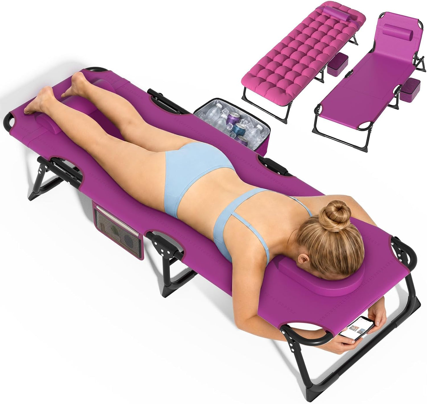 DKMOCO Sun Tanning Chair Oversized with Face Hole & Mat, 500lbs Folding Chaise Lounge Chair, Adjustable 5-Position Outdoor Recliner with Removable Pillow, Cooler Bag for Home Beach Lawn Camp, Pink