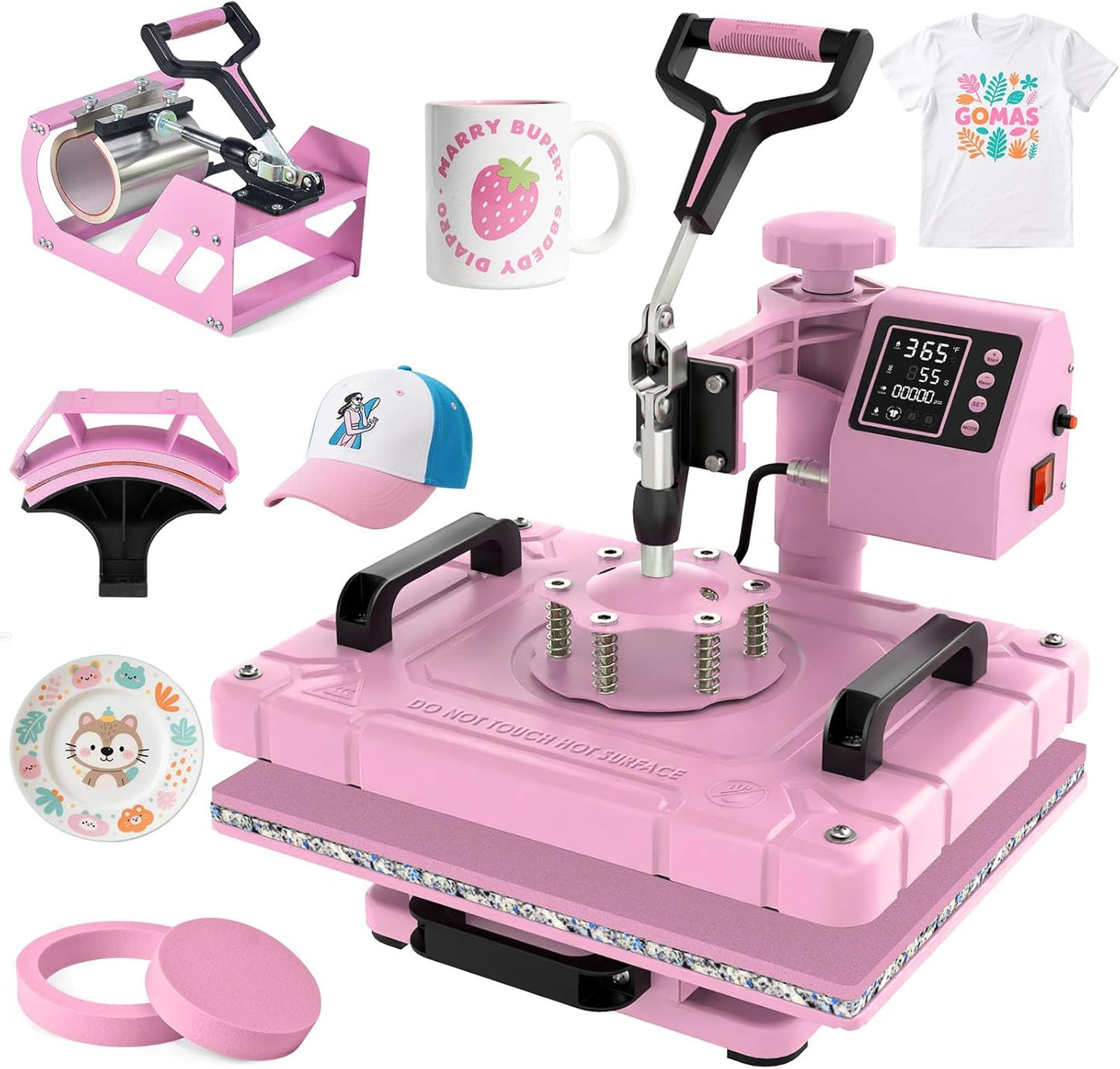 DKMOCO 5-in-1 Heat Press Machine, 12''x15'' Sublimation Heat Transfer Printer with Teflon Coated, 360° Swing Away, Digital Precise Control, 11oz Tumbler Press for Mugs Hat Plate Cap DIY, Pink