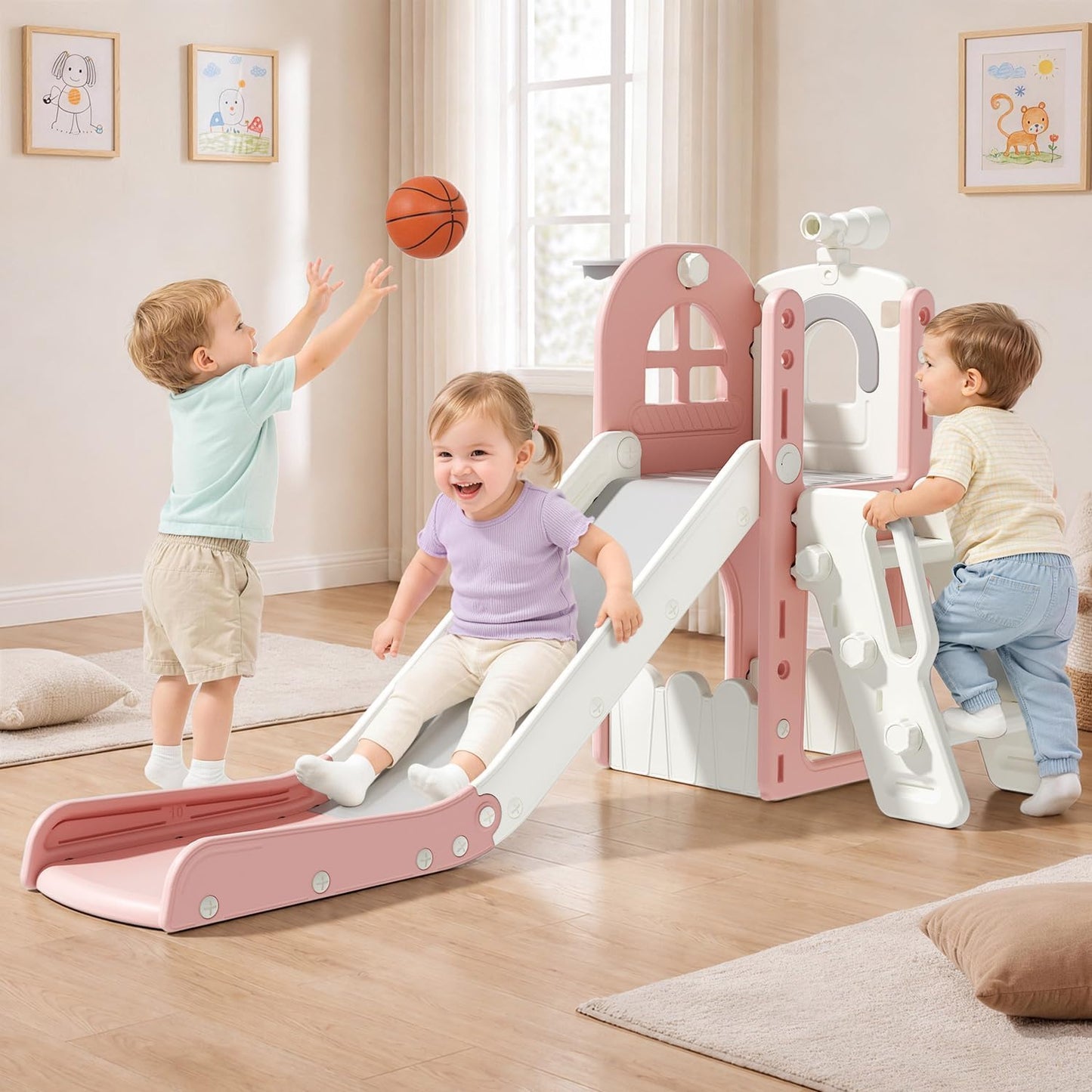 DKMOCO 6 in 1 Toddler Slide & Climber Set with Basketball Hoop & Telescope, Indoor Outdoor Kids Playset with Anti-Slip Steps for Age 1-3 Children Toy Playground, Pink