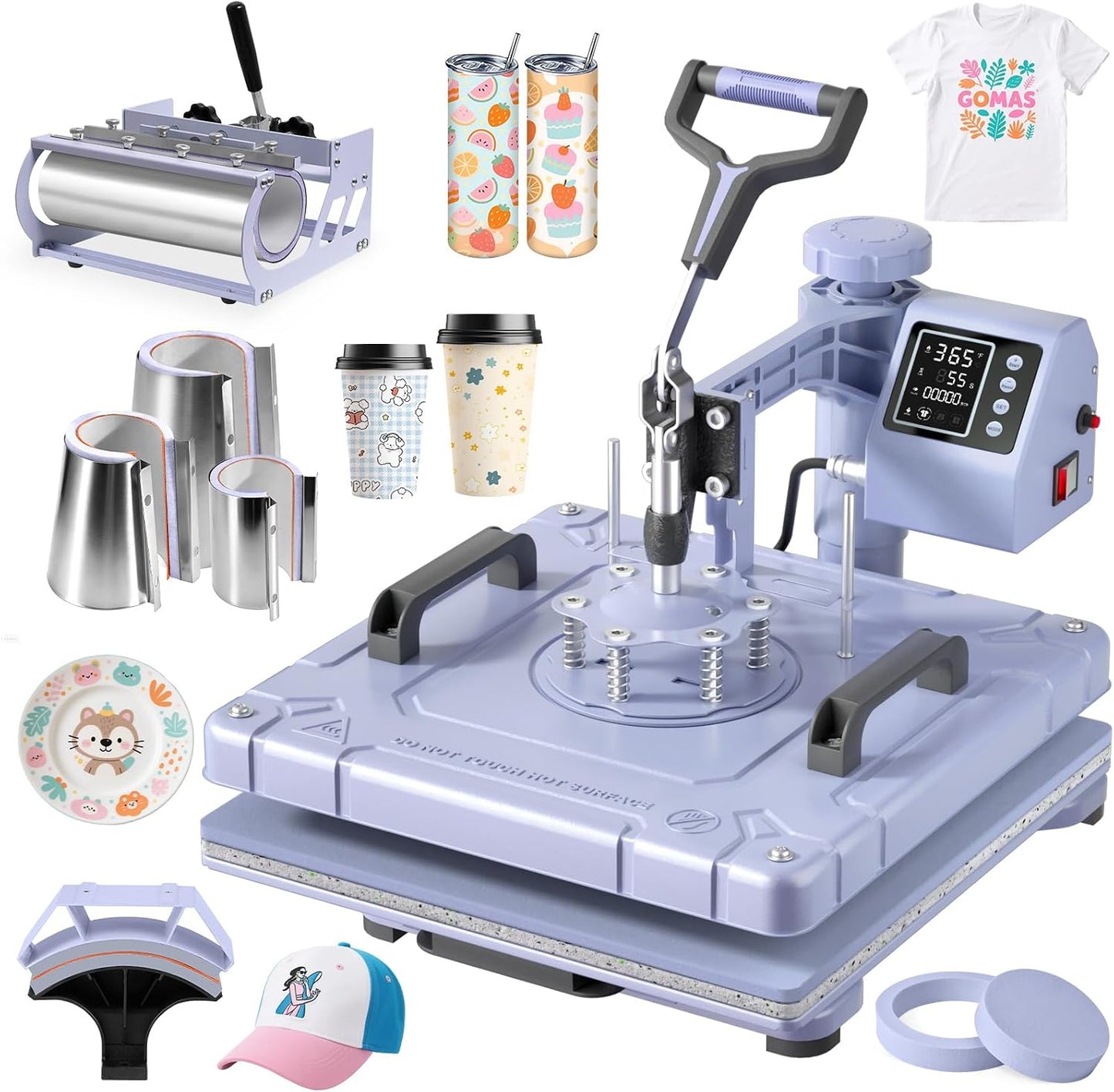 DKMOCO 8-in-1 Heat Press Machine, 15''x15'' Heat Transfer Sublimation with 30oz Tumbler Press, 360° Swing Away, LED Digital Temp Control, Teflon-Coated Heat Plate for Mug Shirt Cap DIY, Lavender