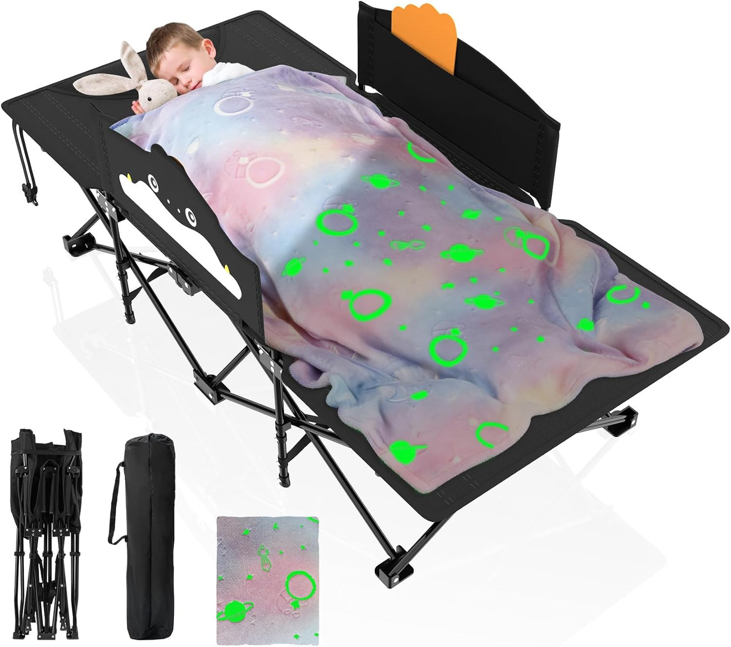 DKMOCO Camping Cot Kids, Comfortable Toddler Cot Bed, Portable Sleeping Cot with Guardrail, Lightweight Foldable Bed for Outdoor Indoor Home Travel, 58''×25''×16'', Black Cot Pink Blanket
