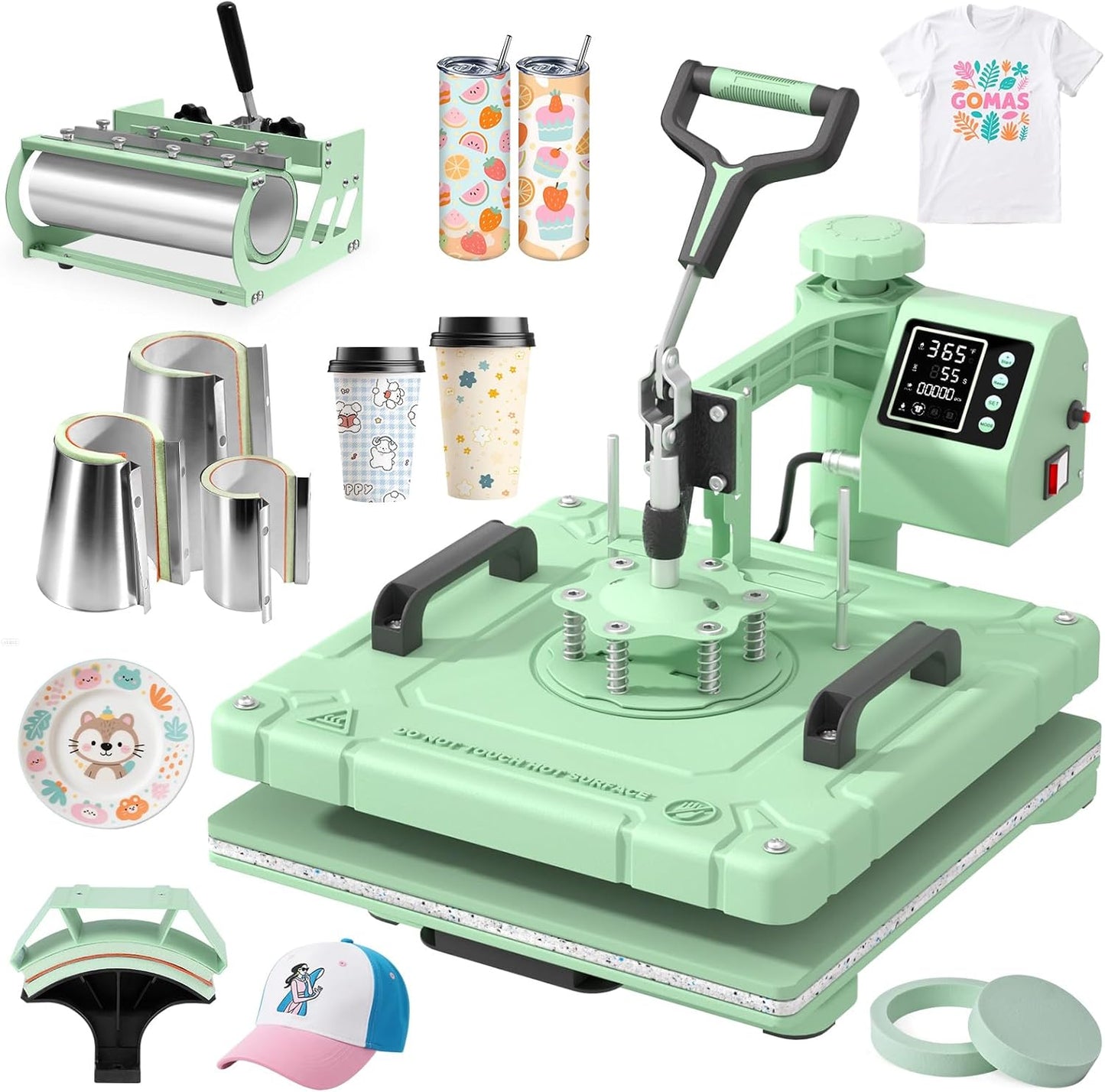 DKMOCO 8-in-1 Heat Press Machine, 15''x15'' Sublimation Heat Transfer Printer with Teflon Coated, 360° Swing Away, Digital Precise Control, 30oz Tumbler Press for Mugs Hat Plate Cap DIY, Green