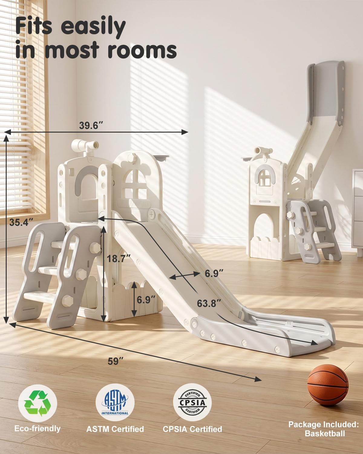 DKMOCO 6 in 1 Toddler Slide & Climber Set with Basketball Hoop & Telescope, Indoor Outdoor Kids Playset with Anti-Slip Steps for Age 1-3 Children Toy Playground, Cream & Gray