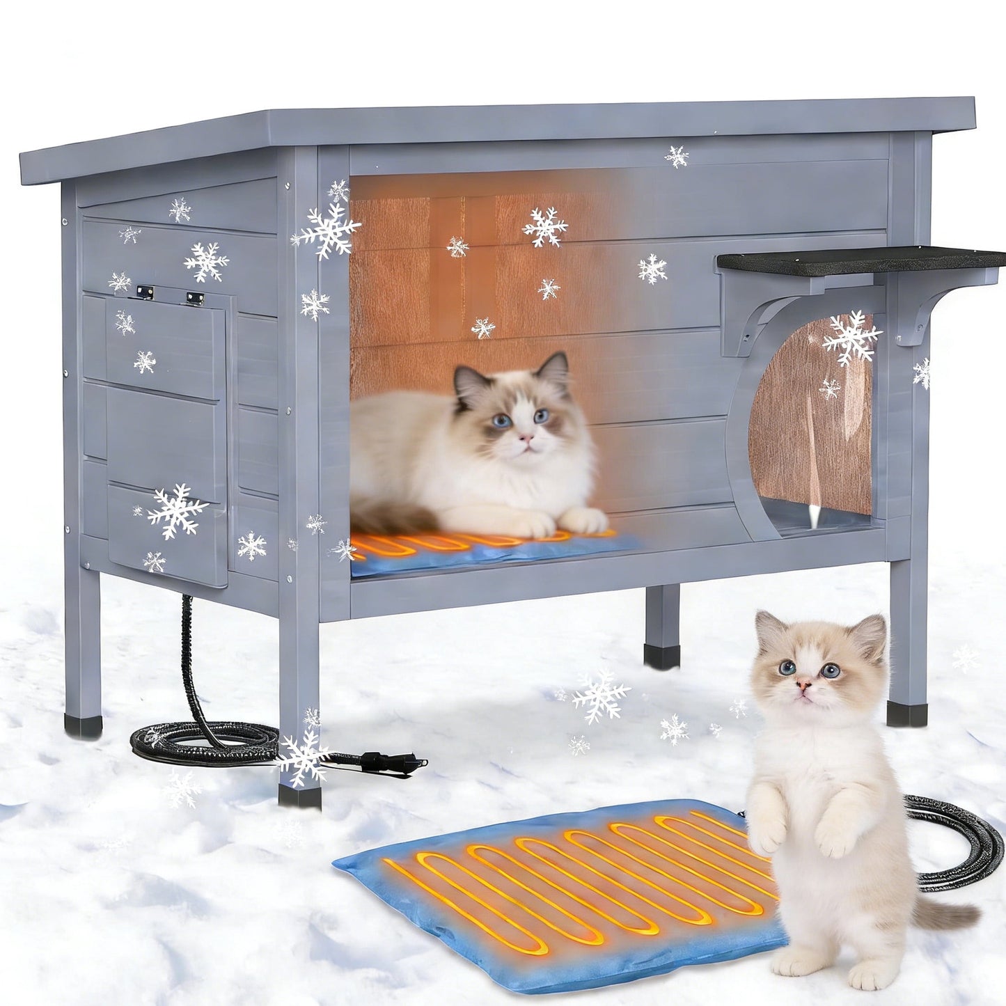 DKMOCO Outdoor Heated Cat House,Insulated Kitty House with Heated Pad for Winter,Wooden Weatherproof Stray Cat Shelter, Single Storey Gray