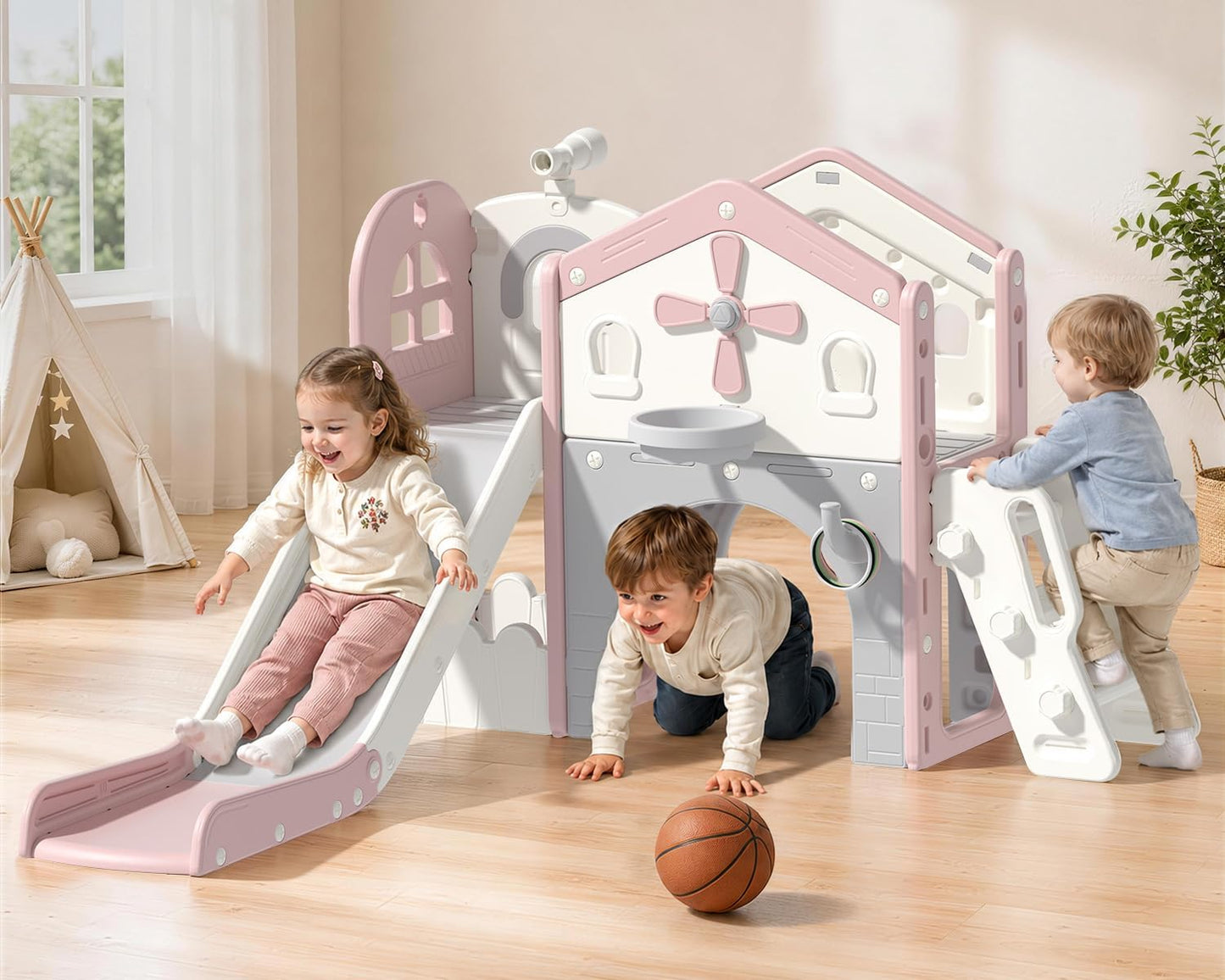 DKMOCO 10 in 1 Toddler Slide & Climber Set with Basketball Hoop, Telescope & Tunnel, Indoor Outdoor Kids Playset with Anti-Slip Steps for Age 1-3 Children Toy Playground, Pink