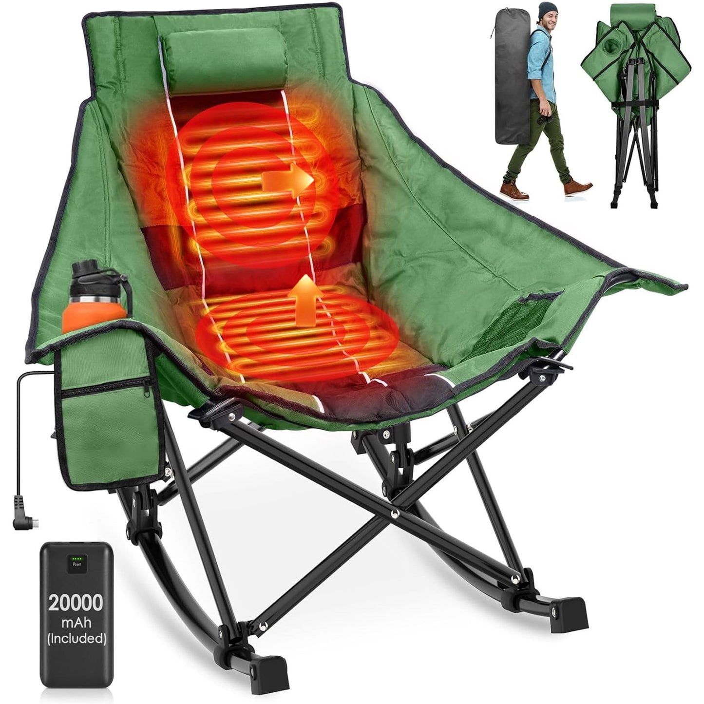 DKMOCO Oversized Heated Rocking Camping Chair with 20000mAh Power Bank, Camping Chair for Winter Outdoor( Green Black)