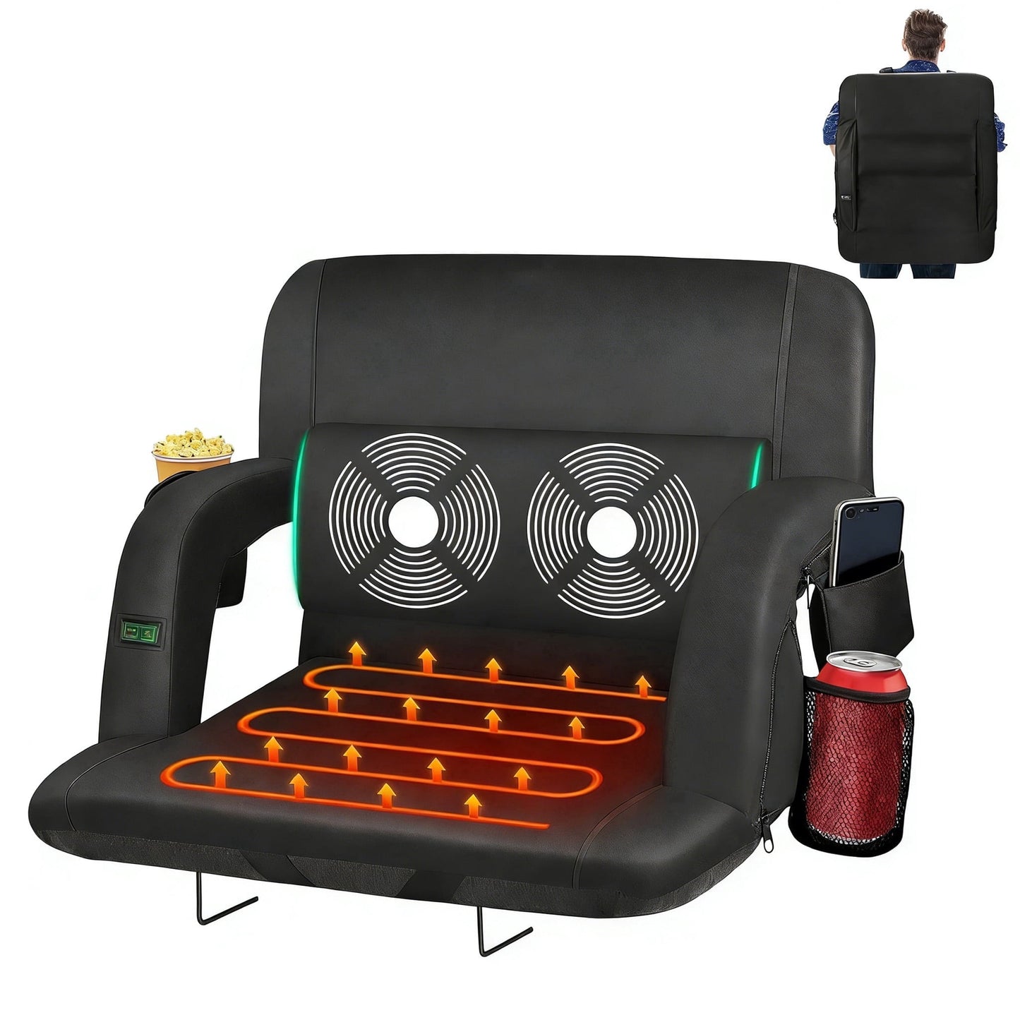 DKMOCO 21" Wide Heated Massage Stadium Seats for Bleachers with Back Support, Portable Stadium Chair with Armrest, for Outdoor and Events(WITHOUT BATTERY)