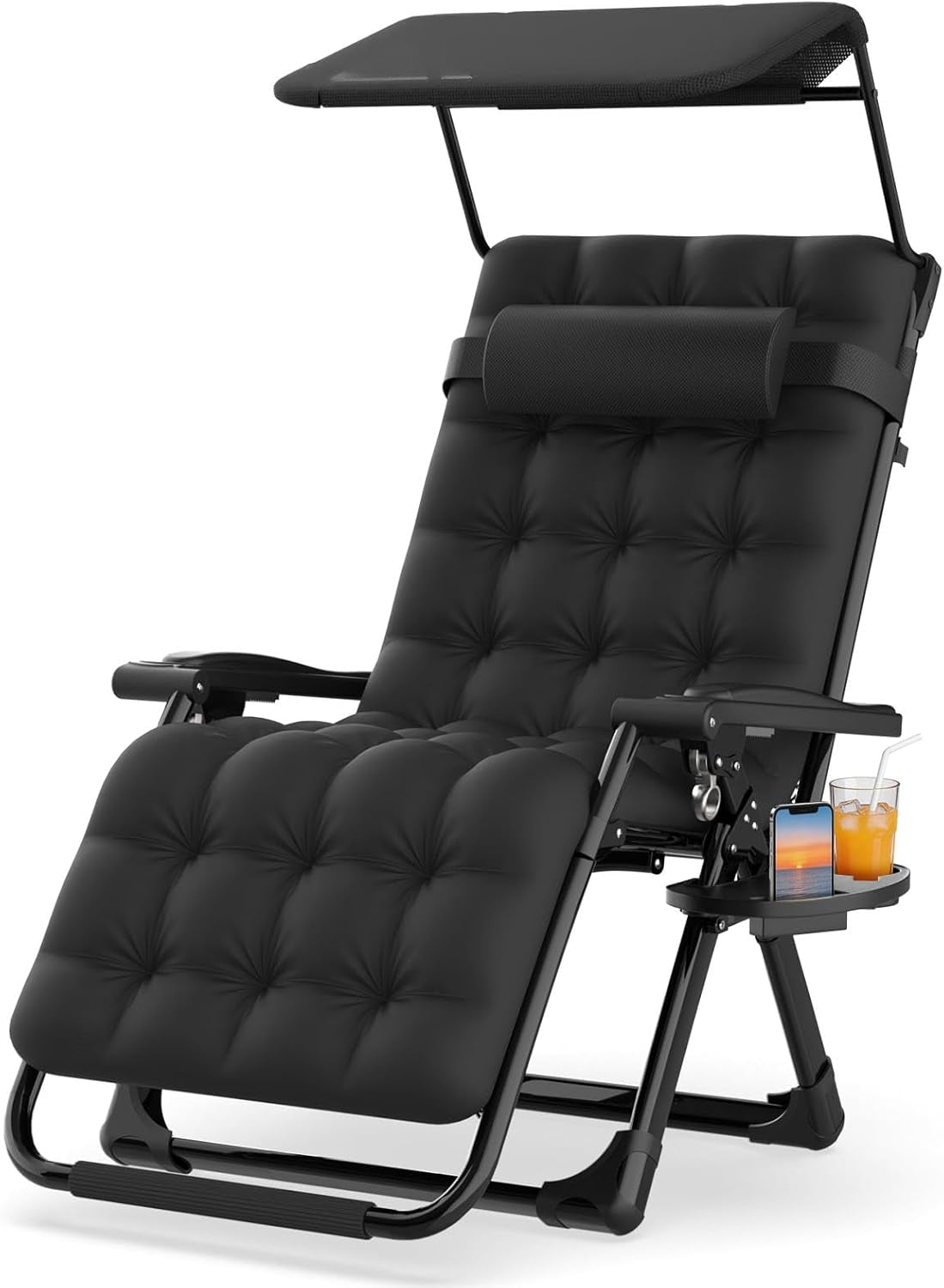 DKMOCO 26In Zero Gravity Chair with Canopy, Oversized Lounge Chair w/Removable Headrest&Cushion, Folding Patio Chairs Recliner for Indoor Outdoor, Black