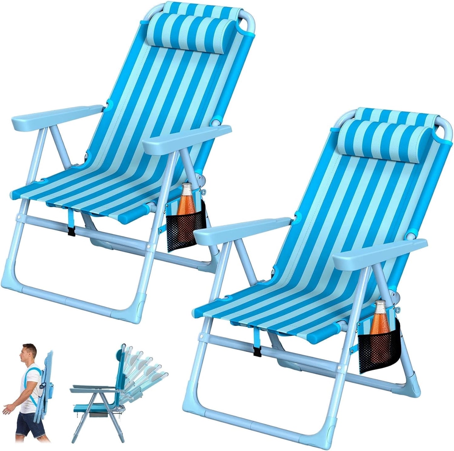 DKMOCO 2PCS Backpack Beach Chair, Folding 6-Positions Reclining Beach Chairs with Cooler Bag Cup Holder for Sand Outdoor Fishing,Striped Sky Blue