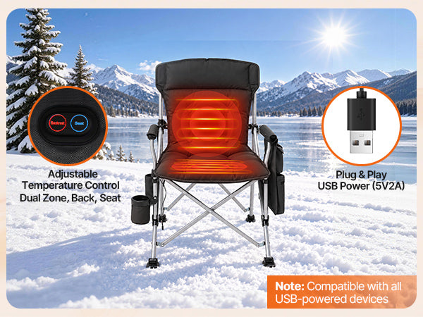 DKMOCO Heated Camping Chair for Adults, Folding Chair with Back Support, Dual-Zone Heating, 3 Heat Levels, 500 lb Capacity, Cup Holder & Side Pocket Black