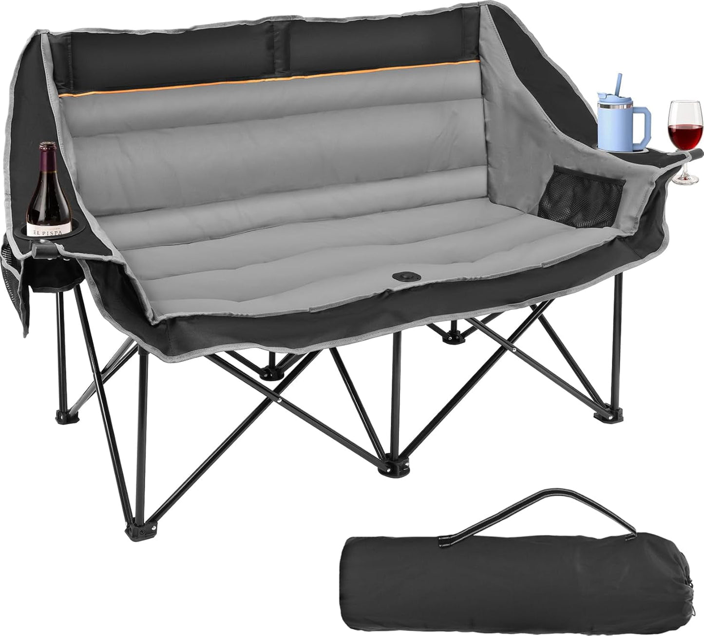 DKMOCO Double Camping Chair, 660lbs Capacity Folding Camping Loveseat w/2 Cup & Wine Glass Holders, Side Pocket & Carry Bag, for Camping, Lawn, Patio, Gray