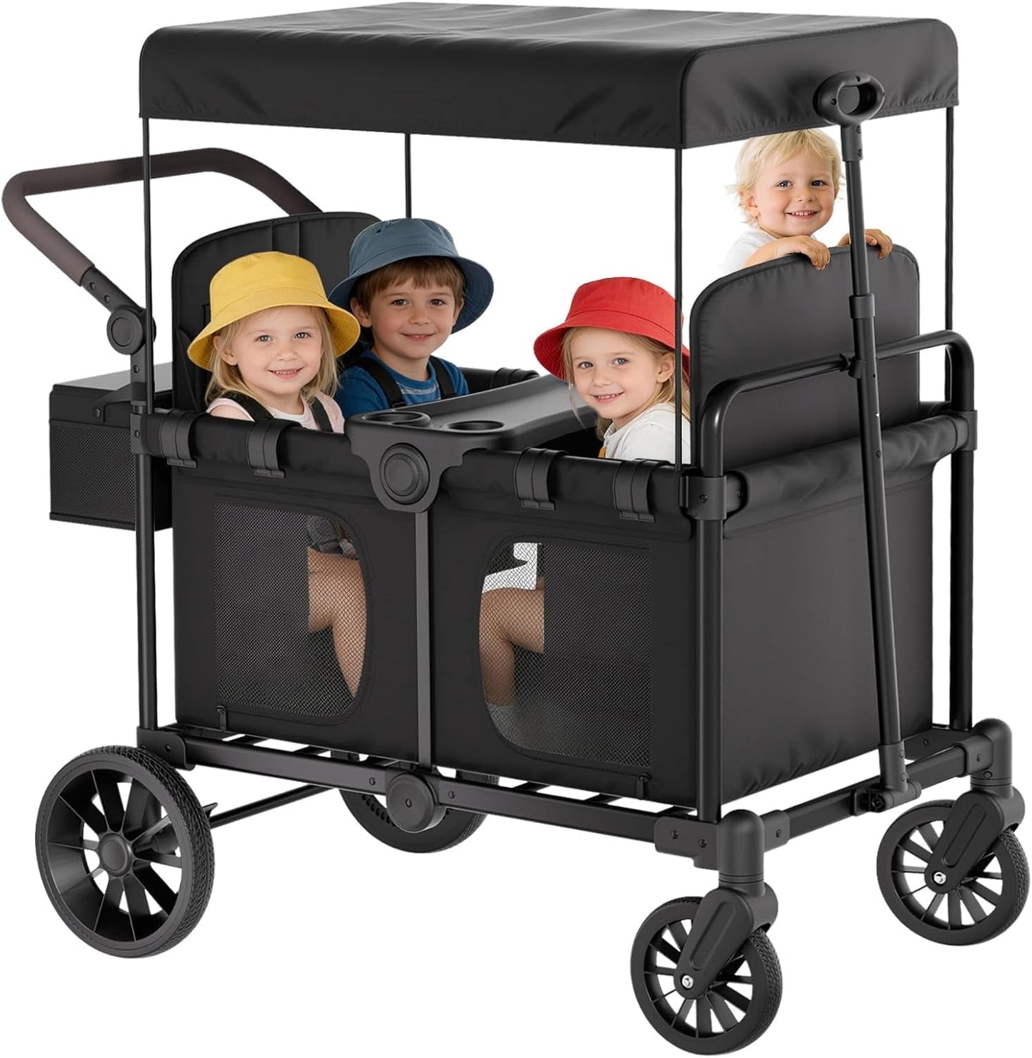 DKMOCO 4 Seater Wagon Stroller for 4 Kids with Adjustable Canopy, 5-in-1 Multi-Mode All-Terrain Foldable Baby Wagon with Organizer for Beach, Camping, Black