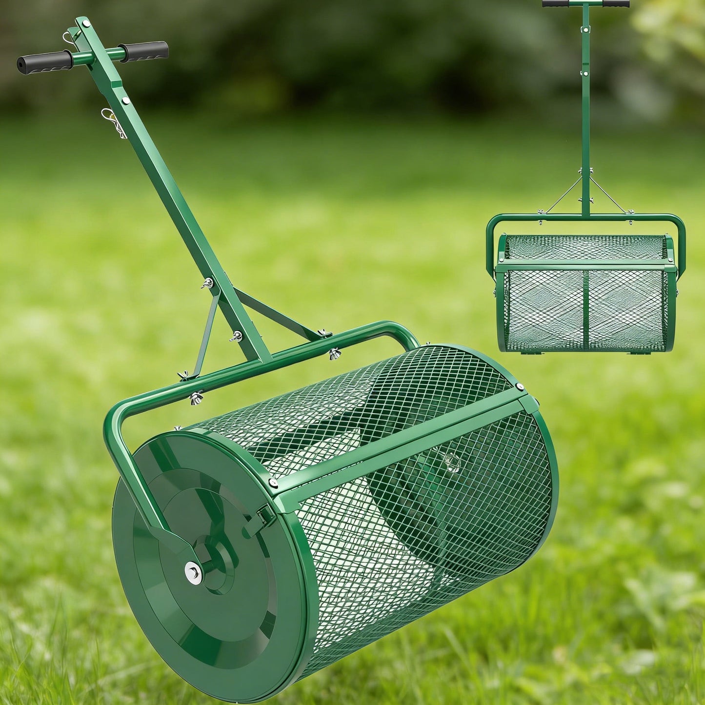 DKMOCO Compost Spreader, 24" Peat Moss Spreader with 3 Heights, Upgraded Side Latches Support Rod, Metal Mesh Top Dressing Spreader for Lawn, Garden and Yard, Green