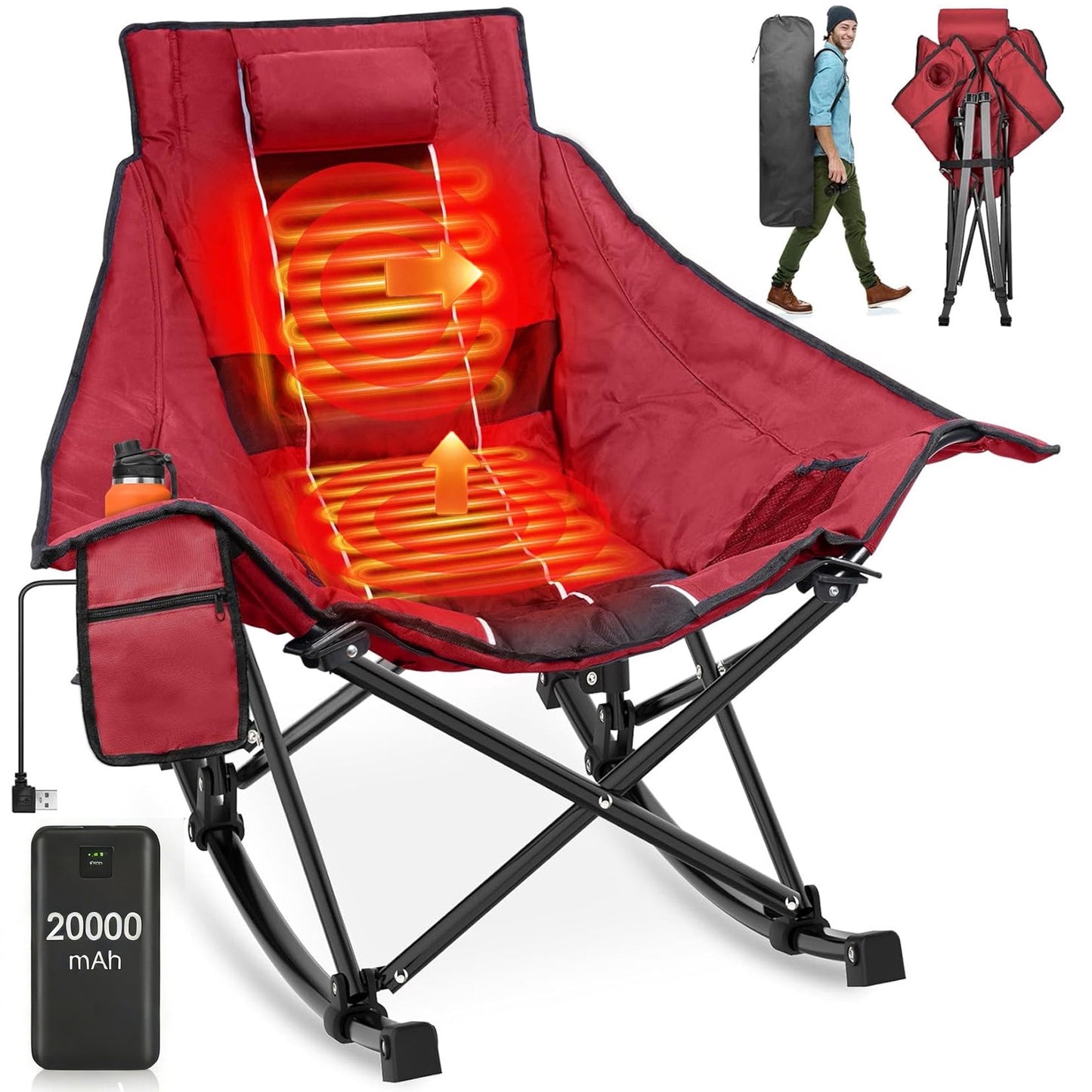 DKMOCO Oversized Heated Rocking Camping Chair with 20000mAh Power Bank, Camping Chair for Winter Outdoor( Red Black)