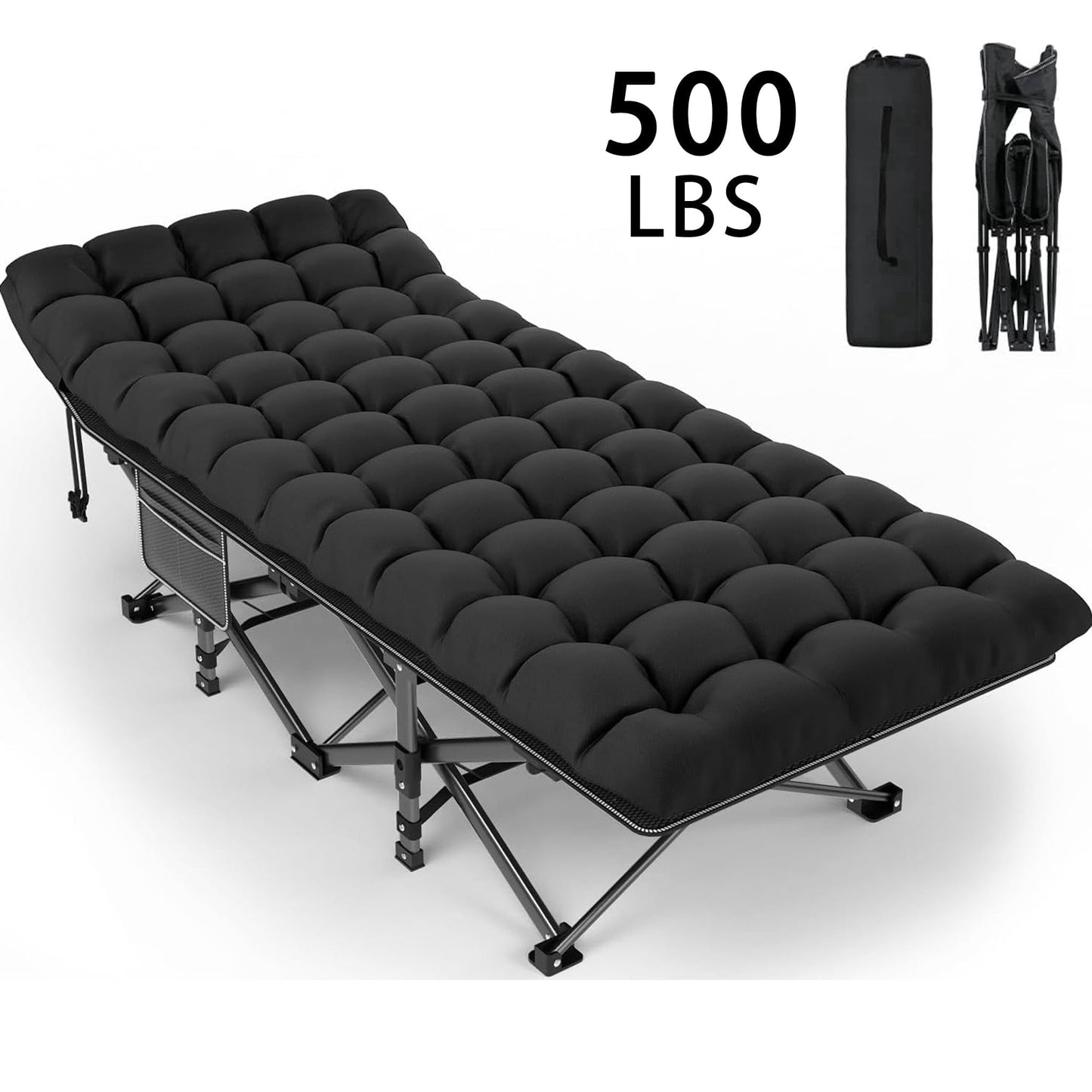 DKMOCO XL Folding Camping Cot with Mattress for Adults,28" x 75" 500lbs Capacity Portable Bed with Carry Bag, for Office Home Nap, Outdoor,Camping(Black Cot+Black Pad)