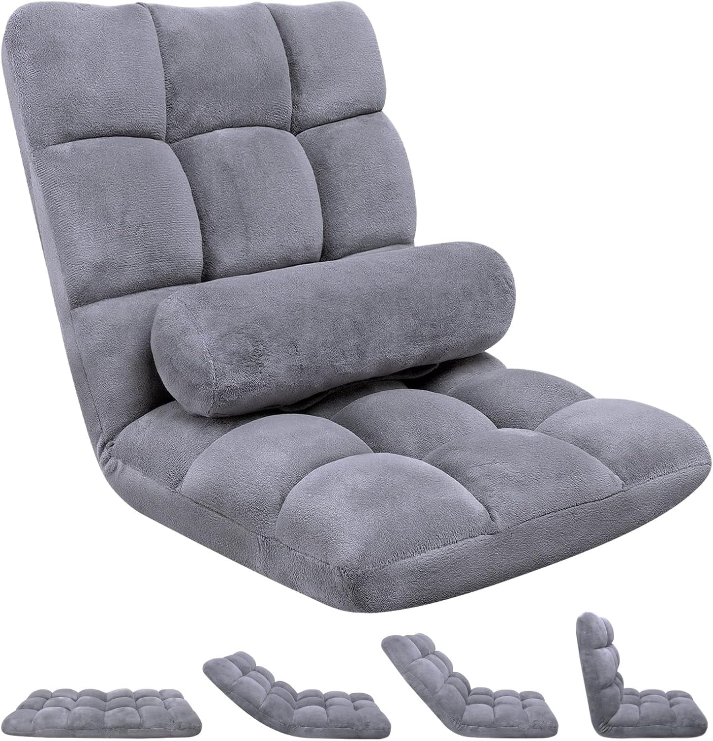 DKMOCO High-Back 6-Poistion Adjustable Floor Chair, Folding Padded Floor Gaming Chair, for Meditation, Sleeping, Reading, Gaming, Grey