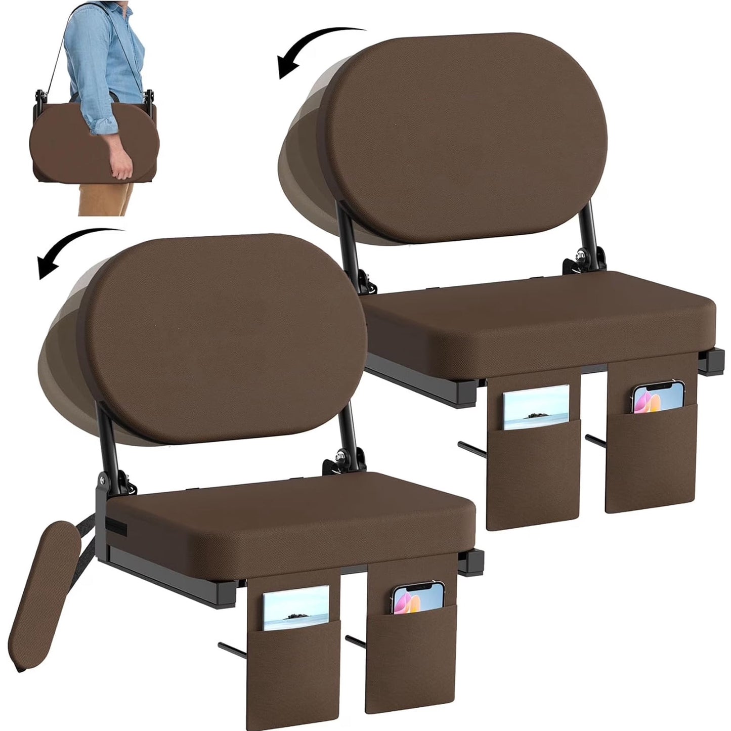 DKMOCO 2PC Portable Stadium Seats for Bleachers with Back Support, Folding Bleacher Seats with Back and Cushion, Lightweight Stadium Chair, Brown