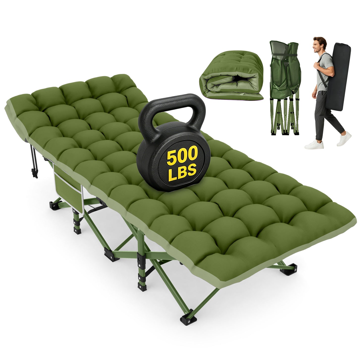 DKMOCO XL Folding Camping Cot with Mattress & Carry Bag, 28" x 75" 500lbs Heavy Duty Portable Sleeping Cot Bed for Adults, Home Office Guest Outdoor Camping Travel, Green Cot Green Pad