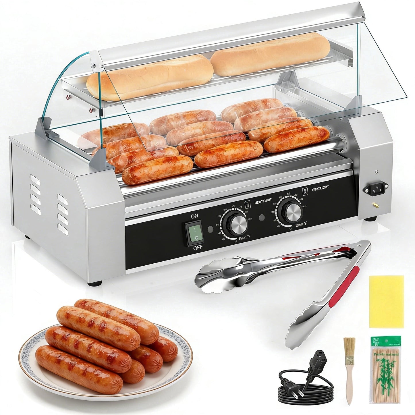 DKMOCO Hot Dog Roller, 5 Rollers 18 Hot Dogs Capacity 1100W Stainless Hot Dog Toaster, Hot Dog Machine W/Dual Temperature Control Glass Hood Acrylic Cover Warmer Shelf Removable Oil Drip Tray