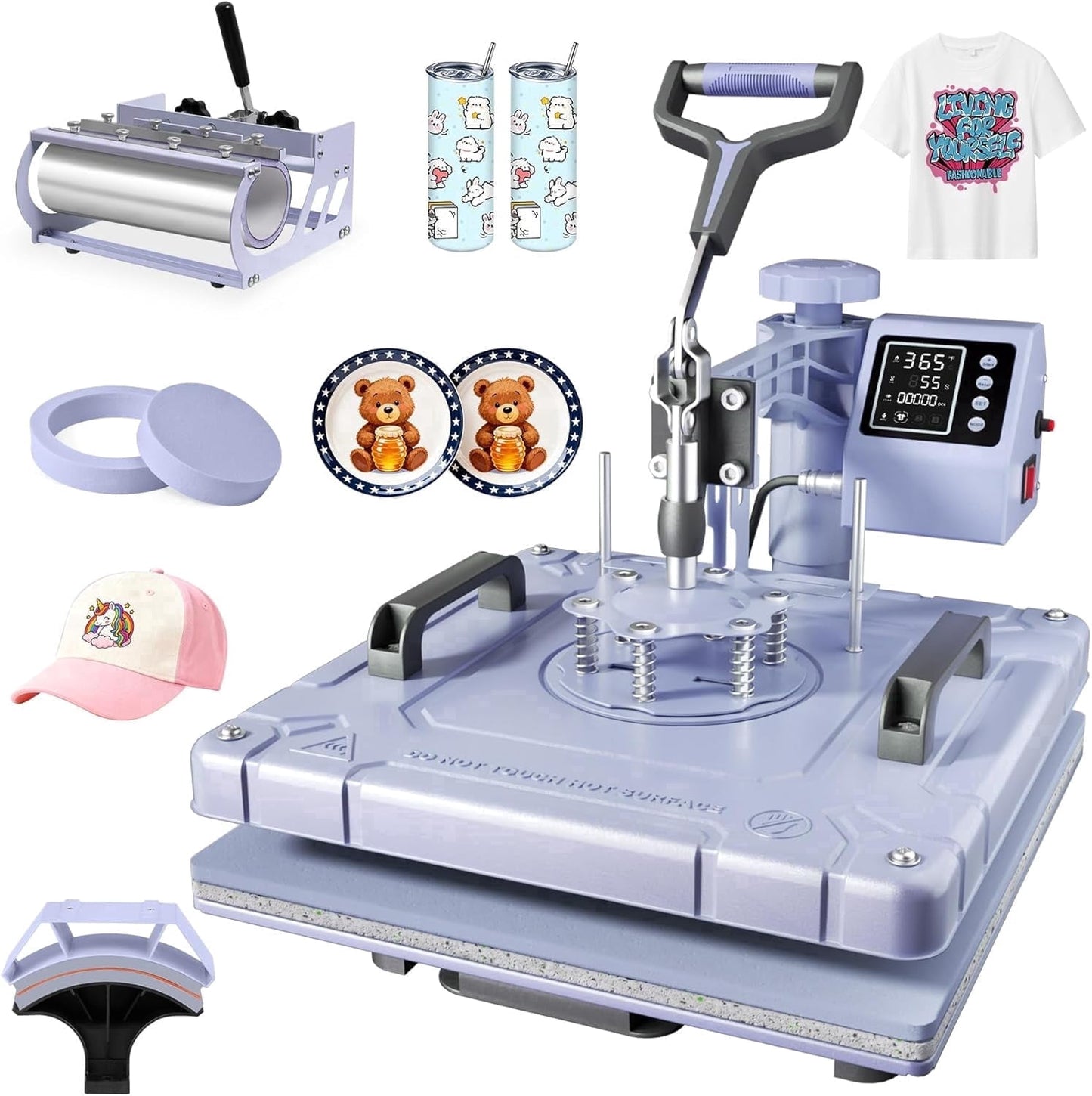 DKMOCO 5 in 1 Heat Press Machine with 30OZ Tumbler,15"x15" 360Degree Swing Away Digital Sublimation Heat Transfer for Mugs T Shirts Hat Plate Cap, Lavender