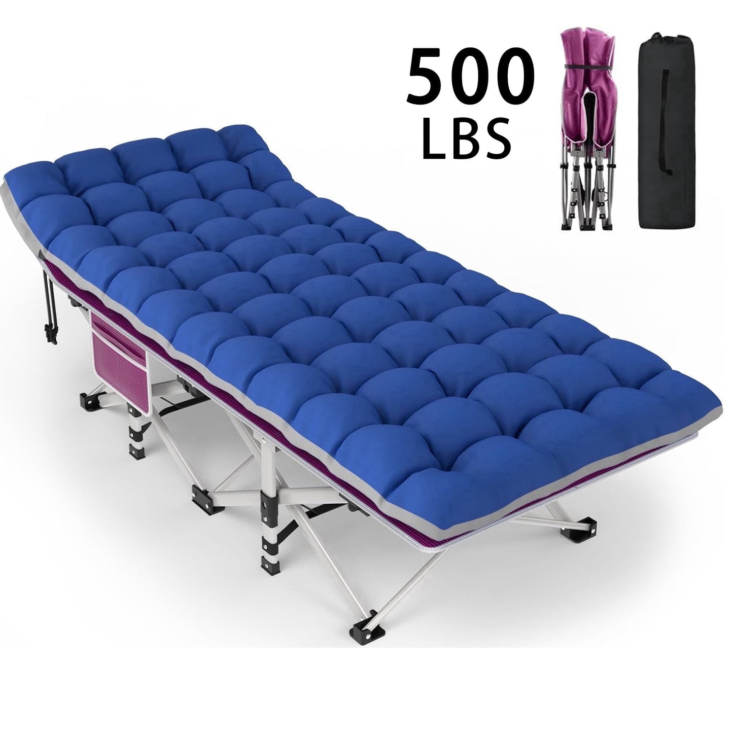 DKMOCO XL Folding Camping Cot with Mattress for Adults,28" x 75" 500lbs Capacity Portable Bed with Carry Bag, for Office Home Nap, Outdoor,Camping(Strip Red Cot+Blue Gray Pad)