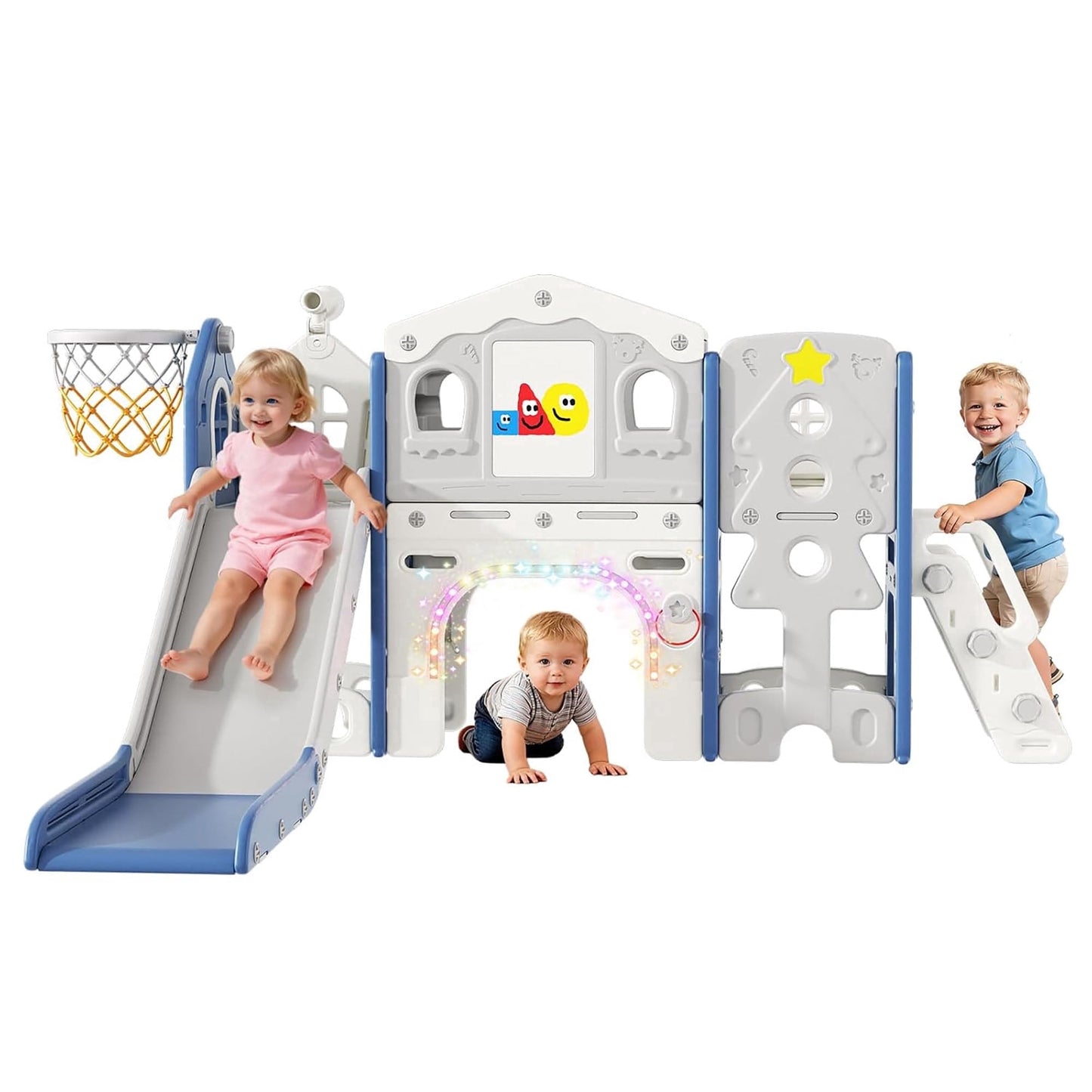 DKMOCO 10 in 1 Toddler Slide Set, Baby Slide for Kids 1-3 with LED Lights, Drawing Board and Building Blocks Board, Indoor Outdoor Playset Playground, Blue Gray
