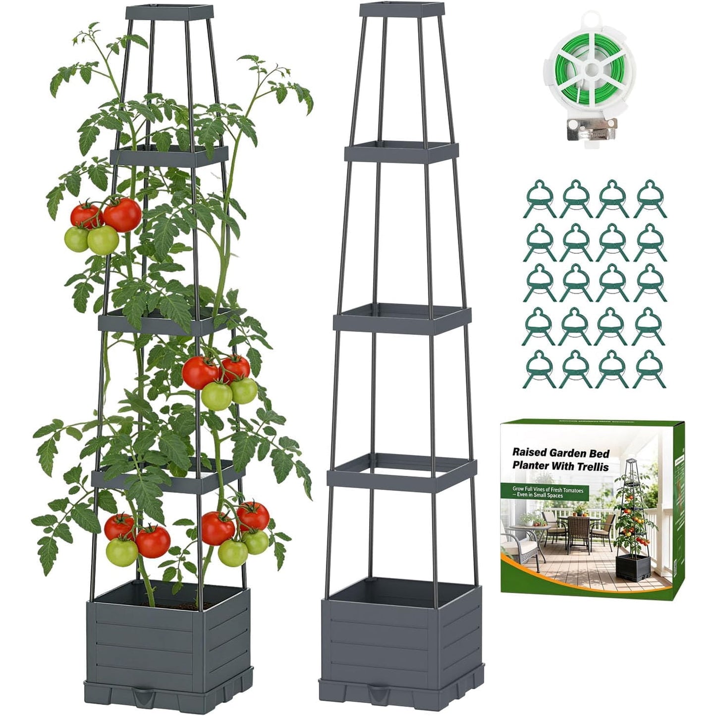 DKMOCO 2-Pack Raised Garden Bed Planter Box with Trellis, Self-Watering Tomato Cage Planters for Climbing Plants Vegetable Vine Flowers Outdoor & Indoor