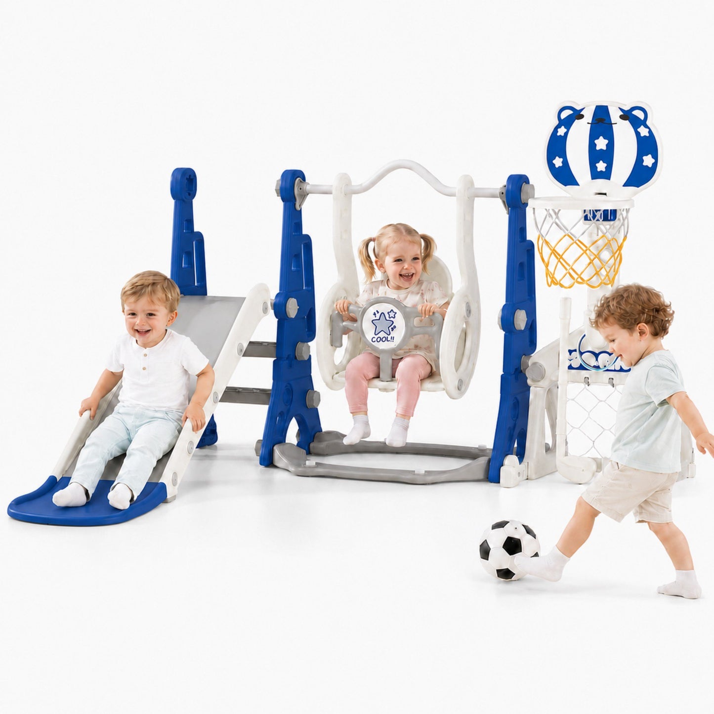 DKMOCO 6-in-1 Toddler Swing and Slide Set, Kids Playset with Slide, Basketball Hoop, Soccer & Golf Game, Indoor Outdoor Toddler Slide for Toddlers 1-2, Blue