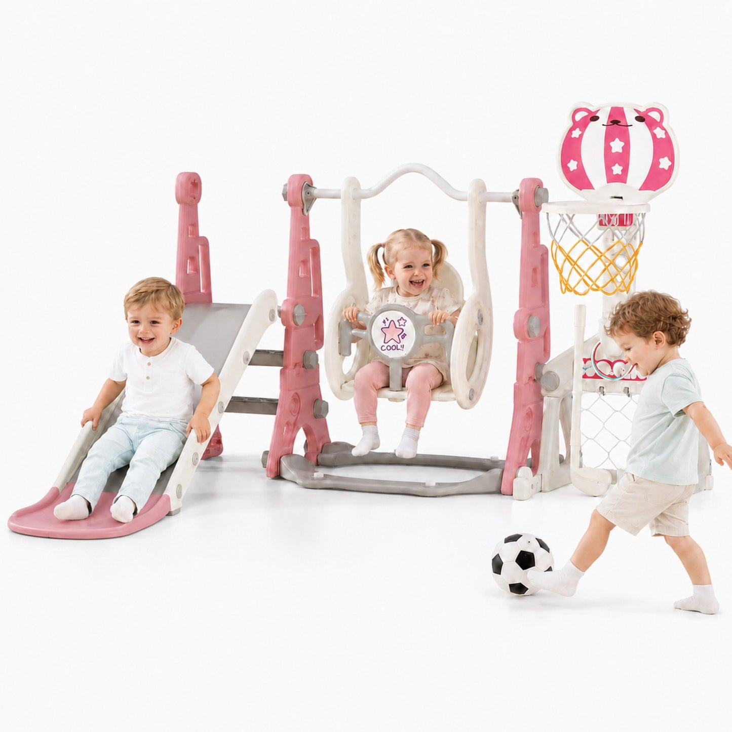 DKMOCO 6-in-1 Toddler Swing and Slide Set, Kids Playset with Slide, Basketball Hoop, Soccer & Golf Game, Indoor Outdoor Toddler Slide for Toddlers 1-2, Pink