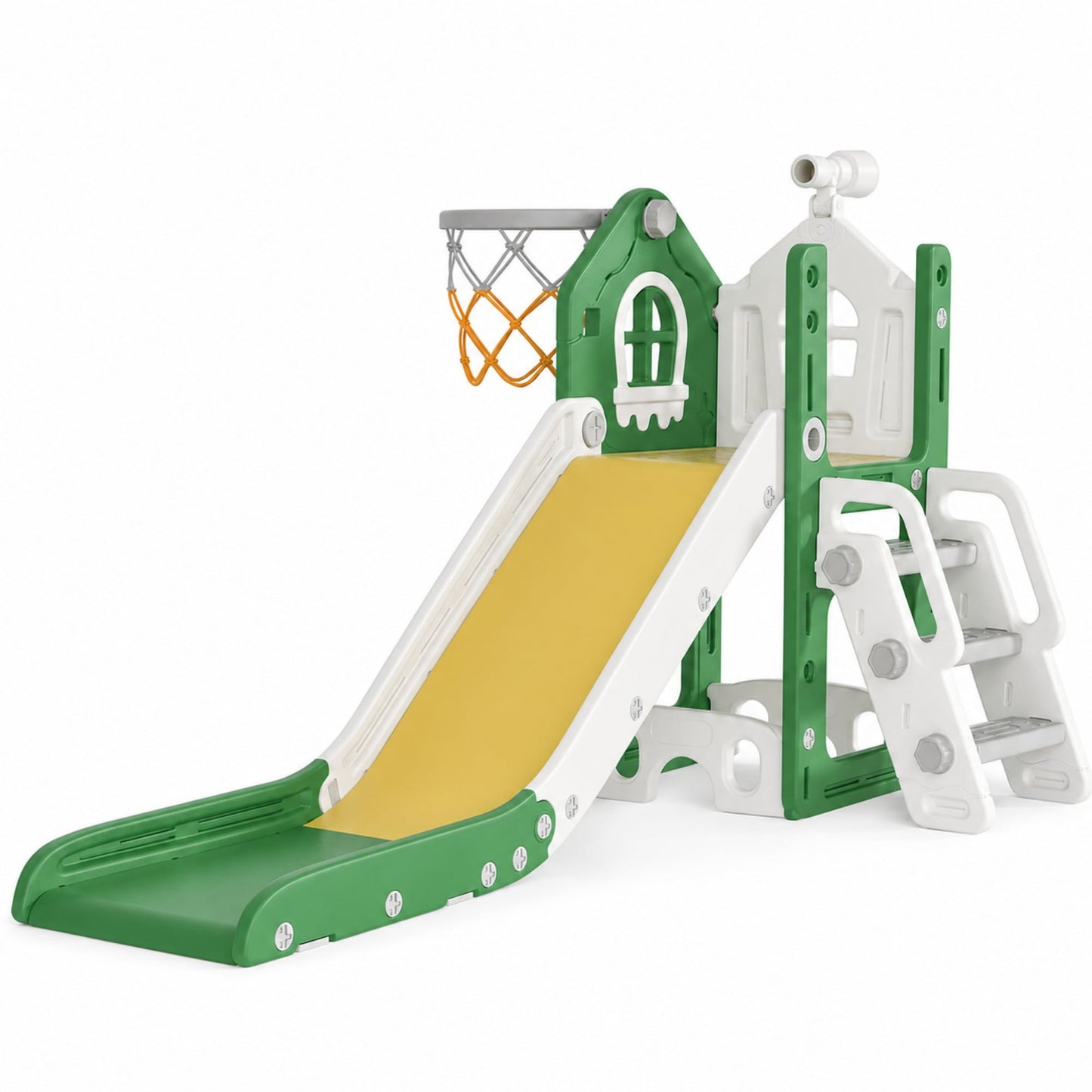 DKMOCO 6-in-1 Toddler Slide, Climber Slide PlaySet with Basketball Hoop, Telescope & Anti-Slip Pads, Indoor Outdoor Playground Age 1-3, Green Yellow