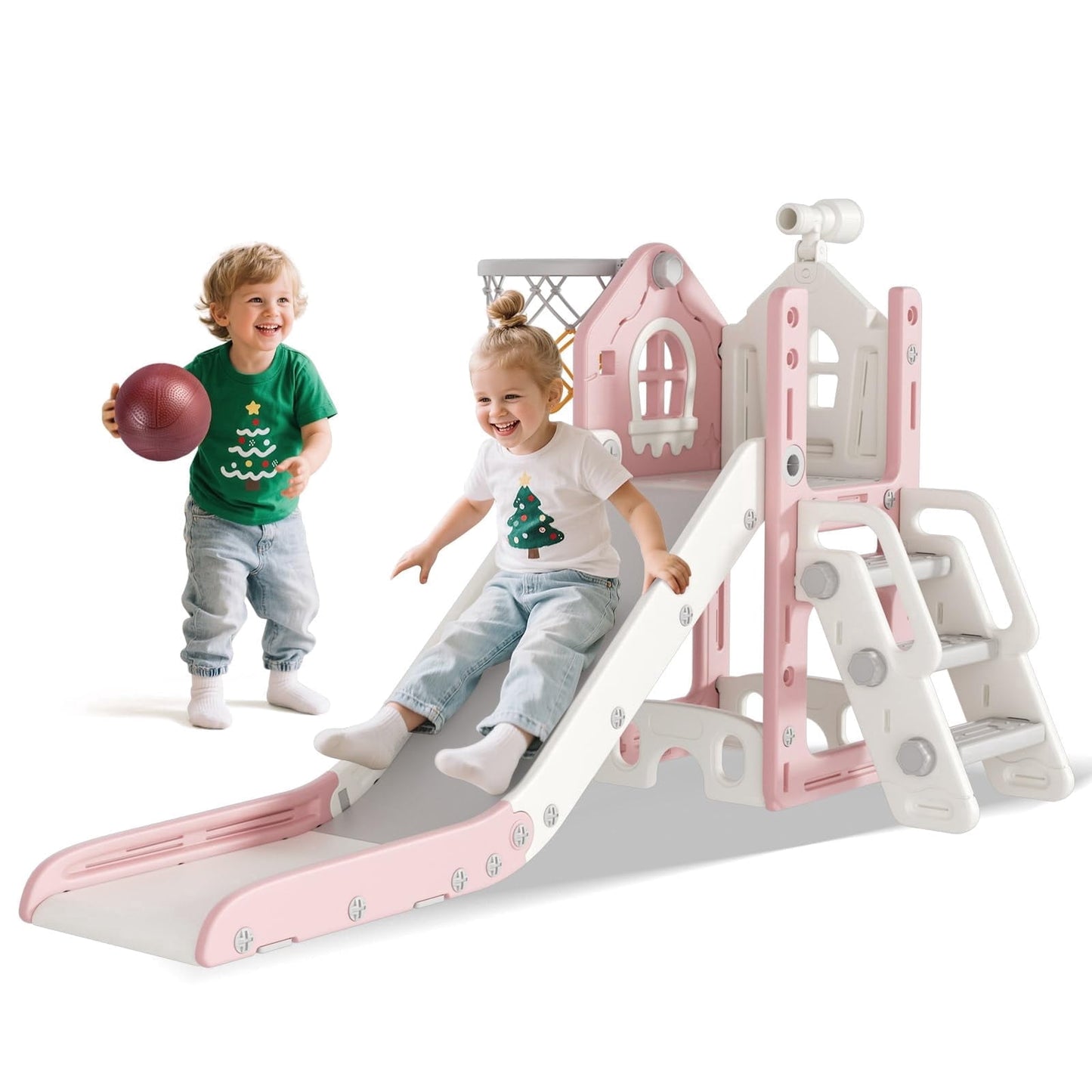 DKMOCO 6-in-1 Toddler Slide, Climber Slide PlaySet with Basketball Hoop, Telescope & Anti-Slip Pads, Indoor Outdoor Playground Age 1-3, Pink