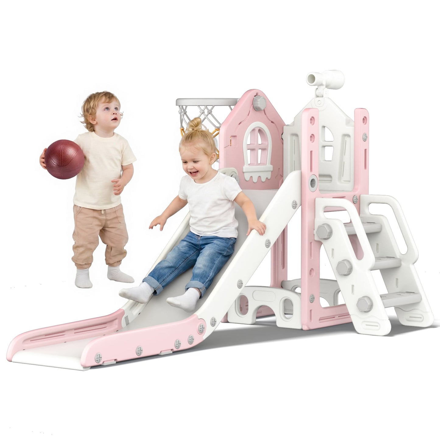 DKMOCO 6-in-1 Toddler Slide, Climber Slide PlaySet with Basketball Hoop, Telescope & Anti-Slip Pads, Indoor Outdoor Playground Age 1-3, Pink