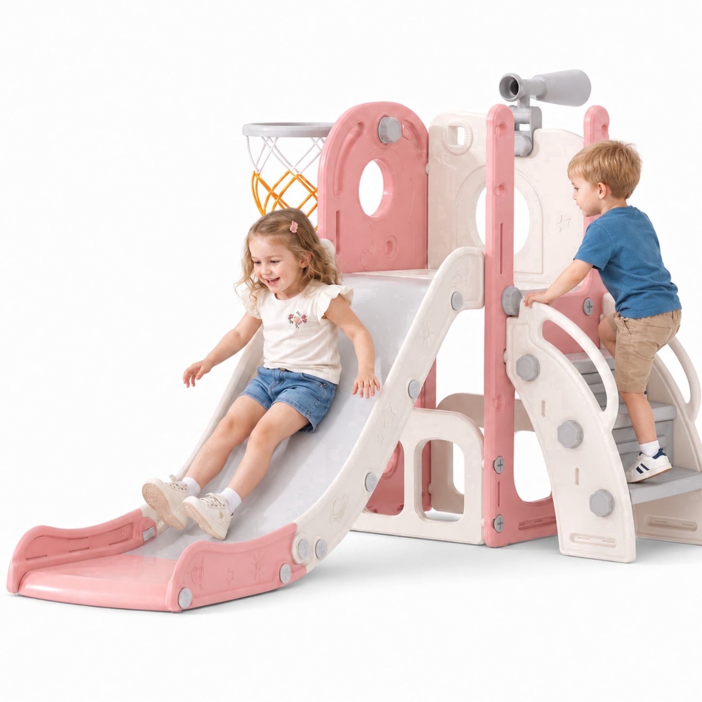 DKMOCO 6-in-1 Toddler Slide, Kids Slide with Basketball Hoop & Telescope, Indoor Outdoor Playset for Toddlers 1-3, Pink