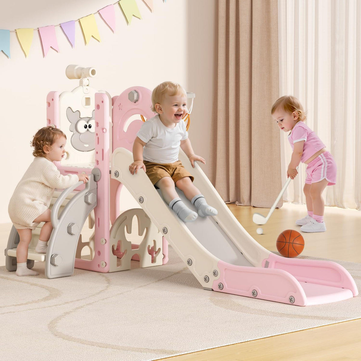 DKMOCO 6-in-1 Toddler Slide Playset, Indoor Outdoor Climber and Slide with Basketball Hoop, Golf Game, Telescope and Storage, Safe HDPE Plastic Playground for Kids Ages 1-3, Pink