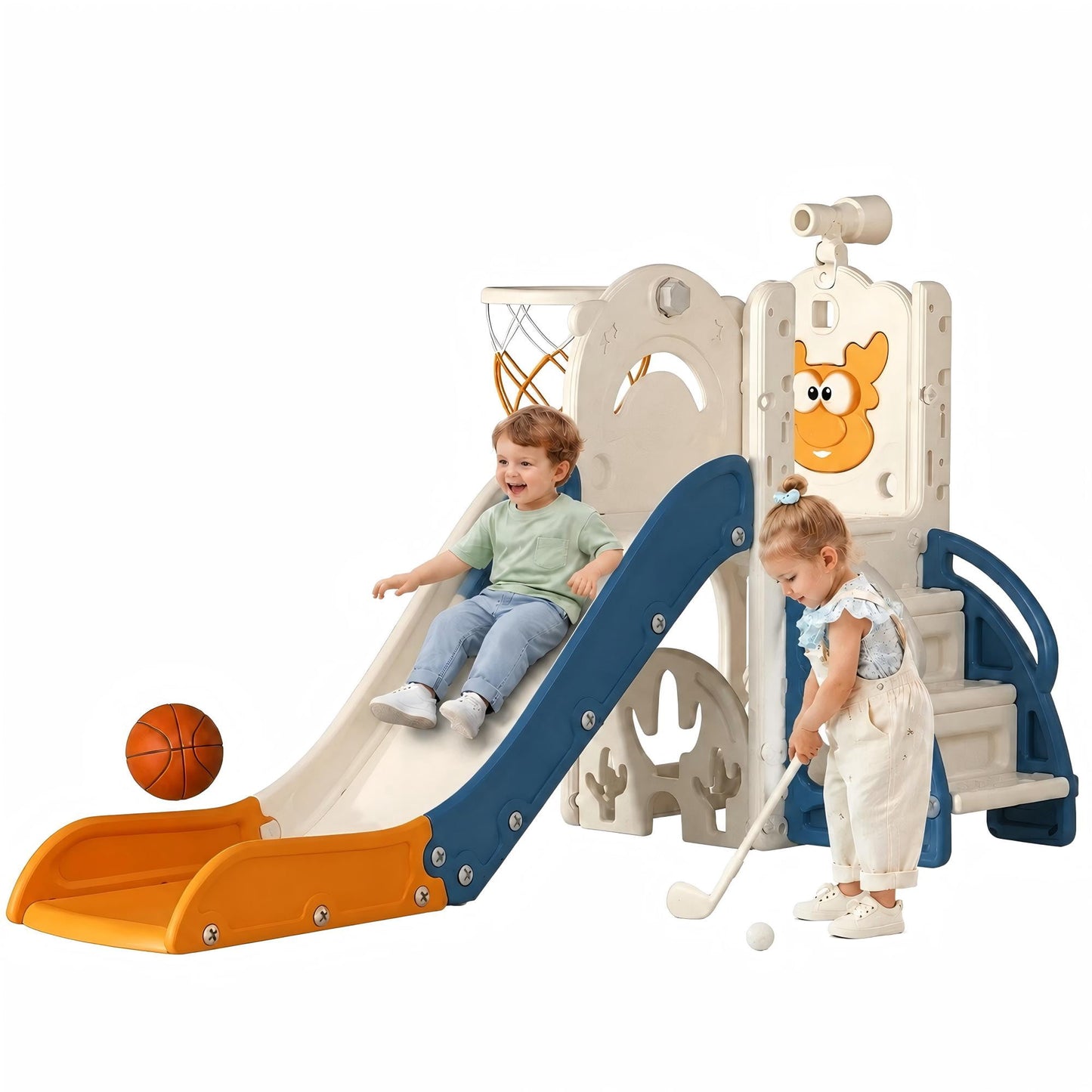 DKMOCO 6-in-1 Toddler Slide Playset, Indoor Outdoor Climber and Slide with Basketball Hoop, Golf Game, Telescope and Storage, Safe HDPE Plastic Playground for Kids Ages 1-3, Blue Yellow