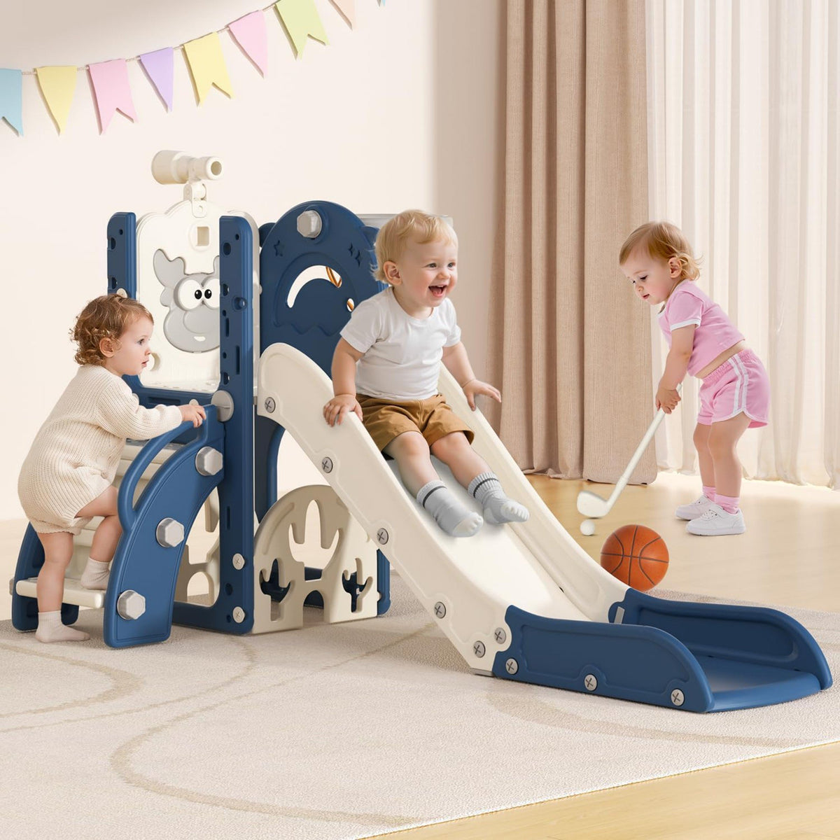 DKMOCO 6-in-1 Toddler Slide Playset, Indoor Outdoor Climber and Slide with Basketball Hoop, Golf Game, Telescope and Storage, Safe HDPE Plastic Playground for Kids Ages 1-3, Blue White