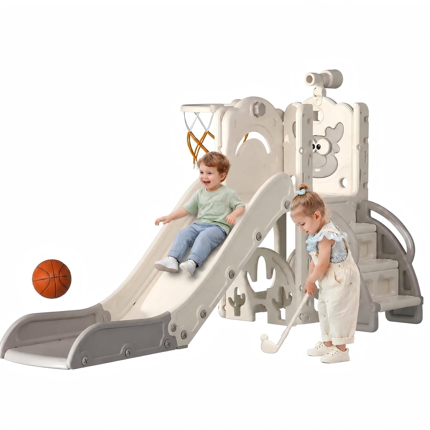 DKMOCO 6-in-1 Toddler Slide Playset, Indoor Outdoor Climber and Slide with Basketball Hoop, Golf Game, Telescope and Storage, Safe HDPE Plastic Playground for Kids Ages 1-3, Gray White