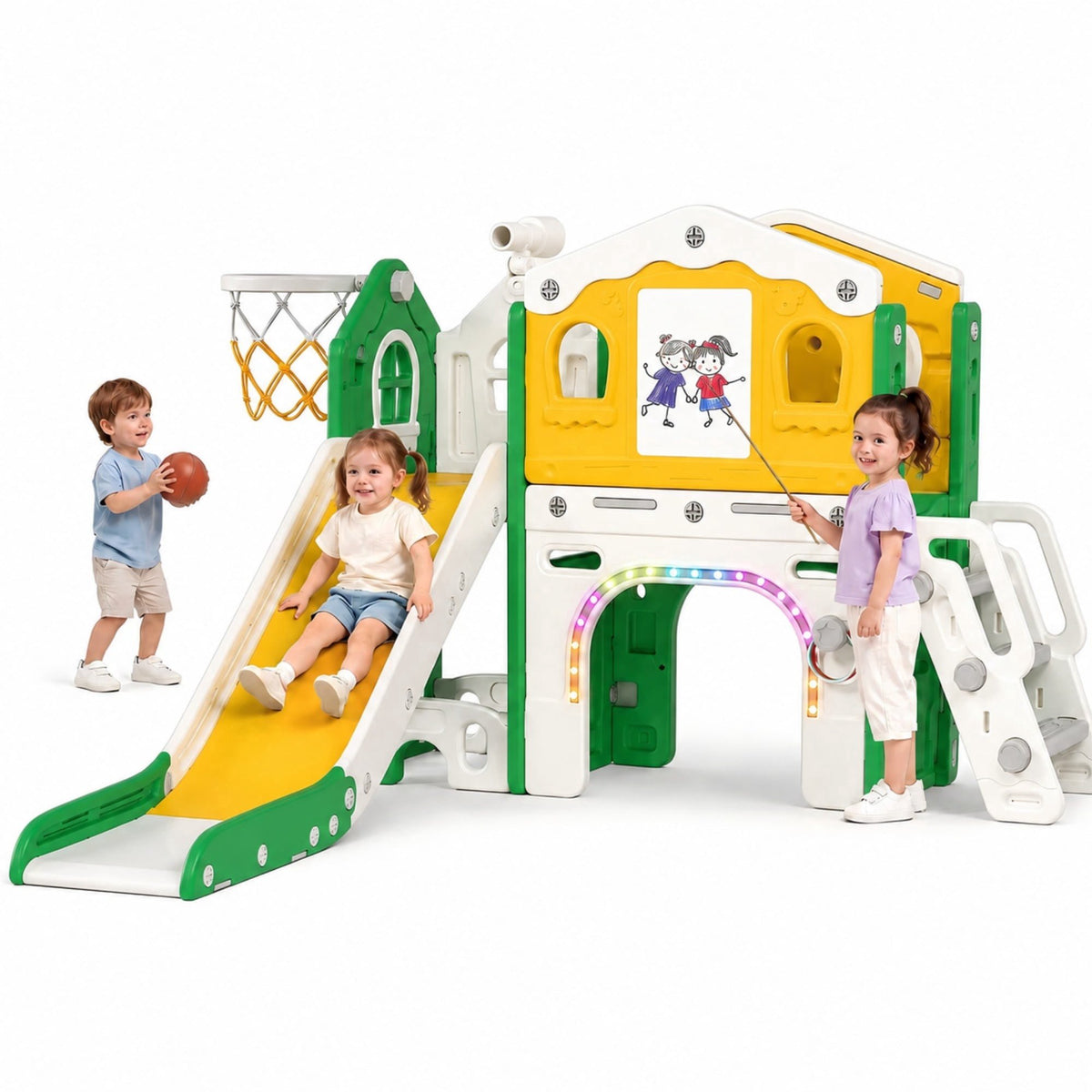 DKMOCO 9 in 1 Toddler Slide Set, Baby Slide for Kids 1-3 with LED Lights, Drawing Board and Building Blocks Board, Indoor Outdoor Playset Playground, Green Yellow