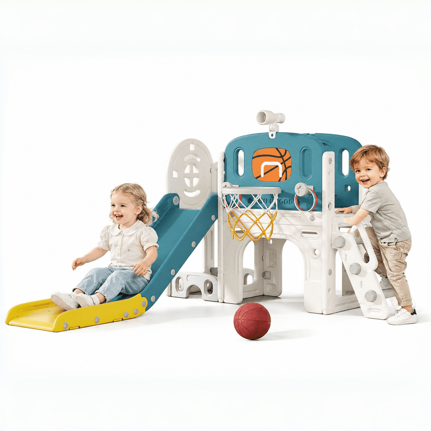 DKMOCO 9-in-1 Toddler Slide, Climber Slide PlaySet with Basketball Hoop, Ring Toss, Telescope , Indoor Outdoor Playset Playground, Blue Yellow