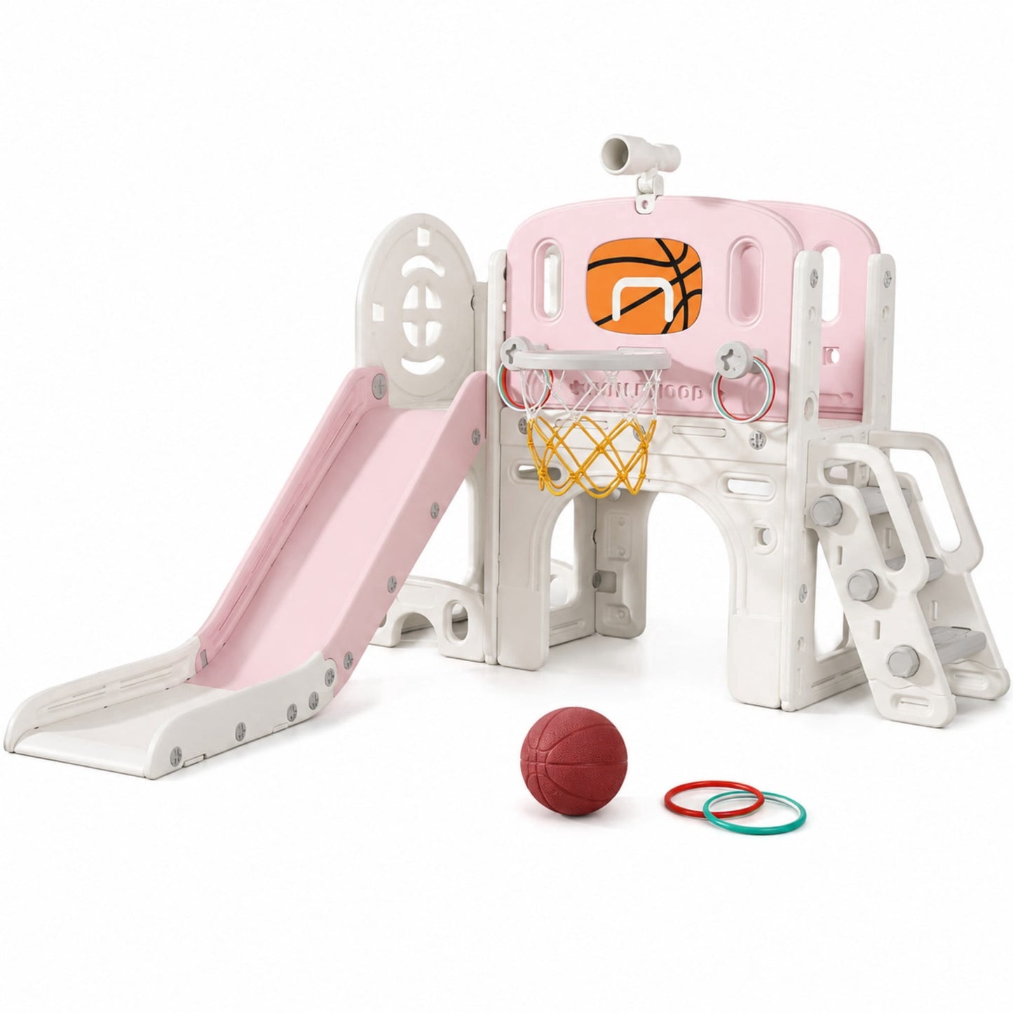 DKMOCO 9-in-1 Toddler Slide, Climber Slide PlaySet with Basketball Hoop, Ring Toss, Telescope , Indoor Outdoor Playset Playground, Pink