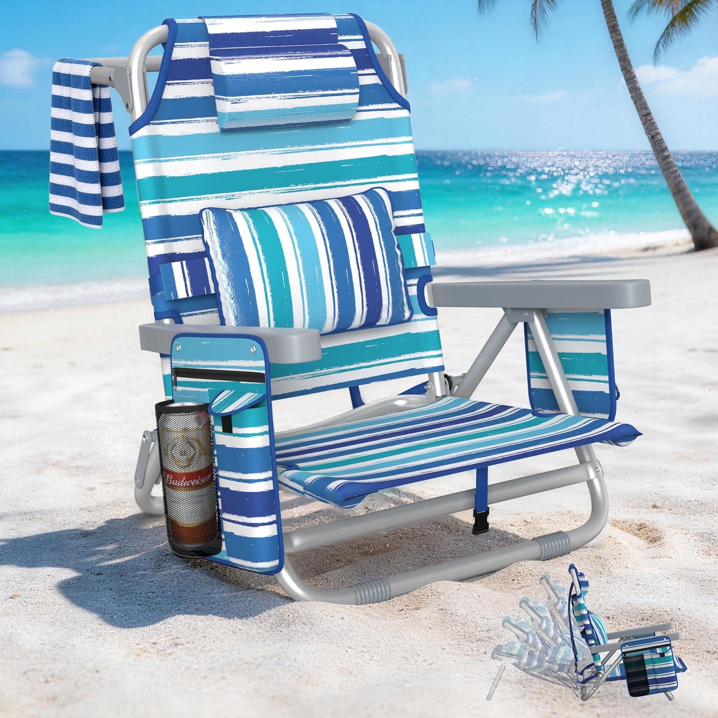 DKMOCO Beach Chair Folding Camping Chair for Adults, Portable Outdoor Lounge Chair with Cup Holder for Outside Lawn Patio, Blue-White Stripes