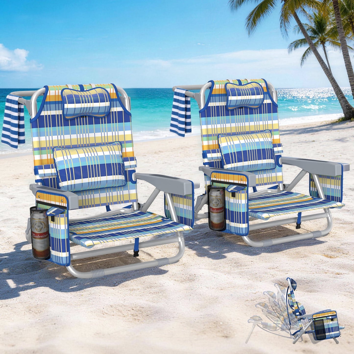 DKMOCO Beach Chairs 2 Pack, Folding Camping Chairs for Adults, Portable Outdoor Lounge Chair Set with Cup Holder for Outside Lawn, Rainbow Blue-Orange