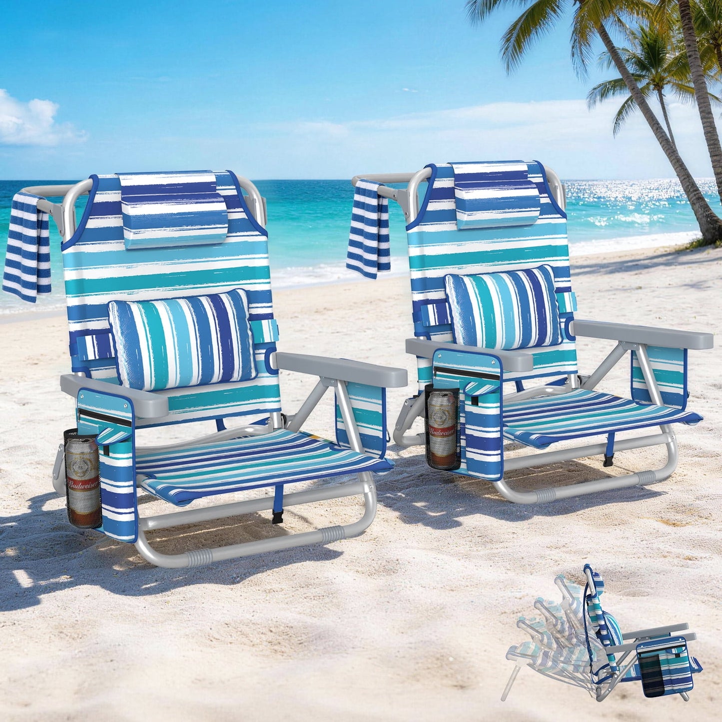 DKMOCO Beach Chairs 2 Pack, Folding Camping Chairs for Adults, Portable Outdoor Lounge Chair Set with Cup Holder for Outside Lawn, Blue-White Stripes
