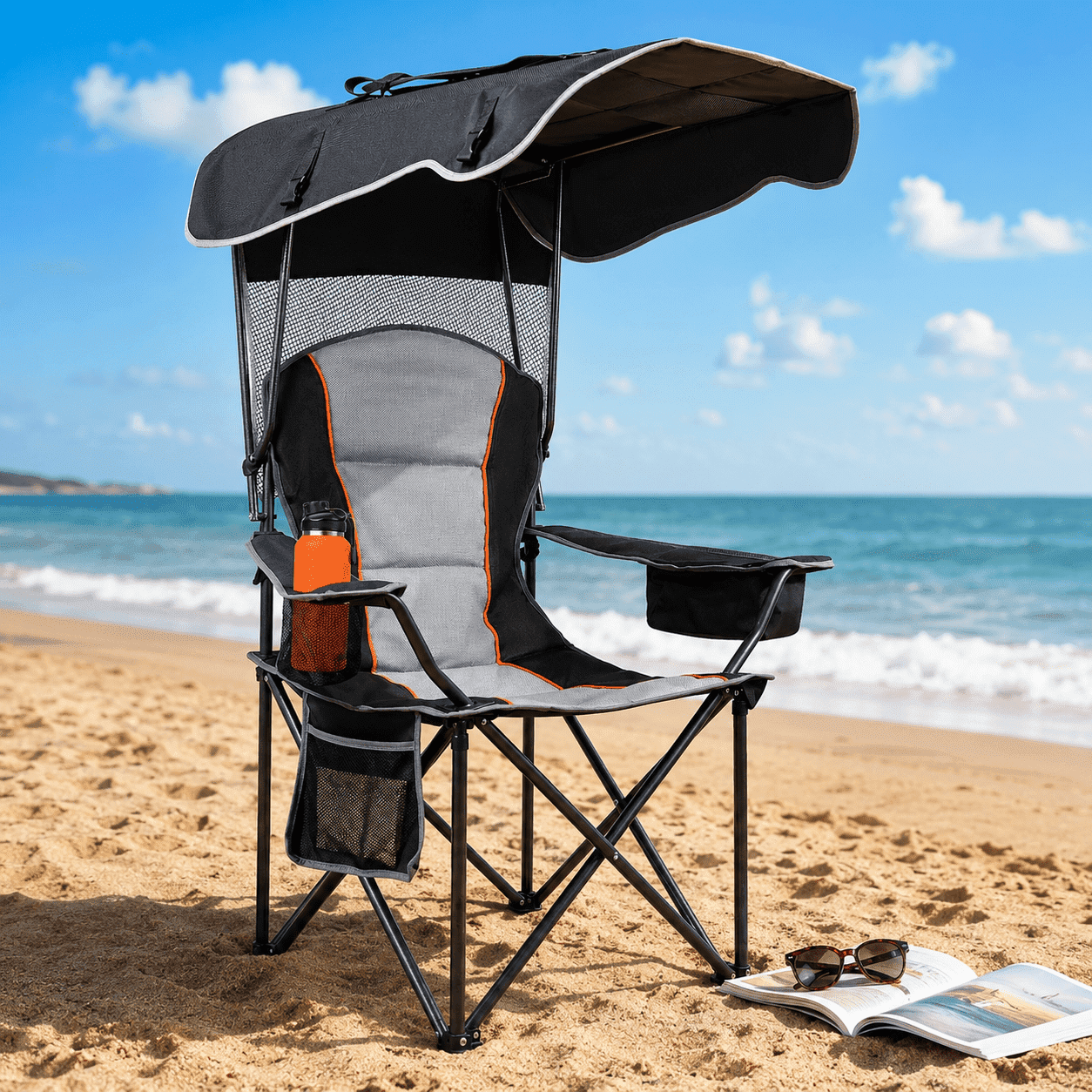 DKMOCO Camping Chair with Canopy, Outdoor Folding Chair with Adjustable Sun Shade, Heavy Duty Beach Chair with Cup Holder and Side Pocket, Portable Lawn Chair for Adults, Camping, Beach, Patio, Sport