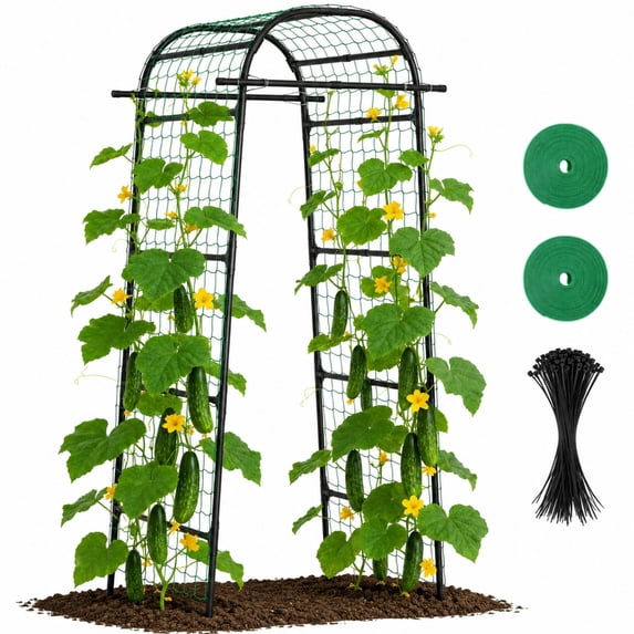 DKMOCO Garden Arch Trellis for Climbing Plants Outdoor, 85" Metal Cucumber Trellis with Netting, Vertical Plant Support for Raised Garden Beds, Vegetables, Beans, Peas & Vines