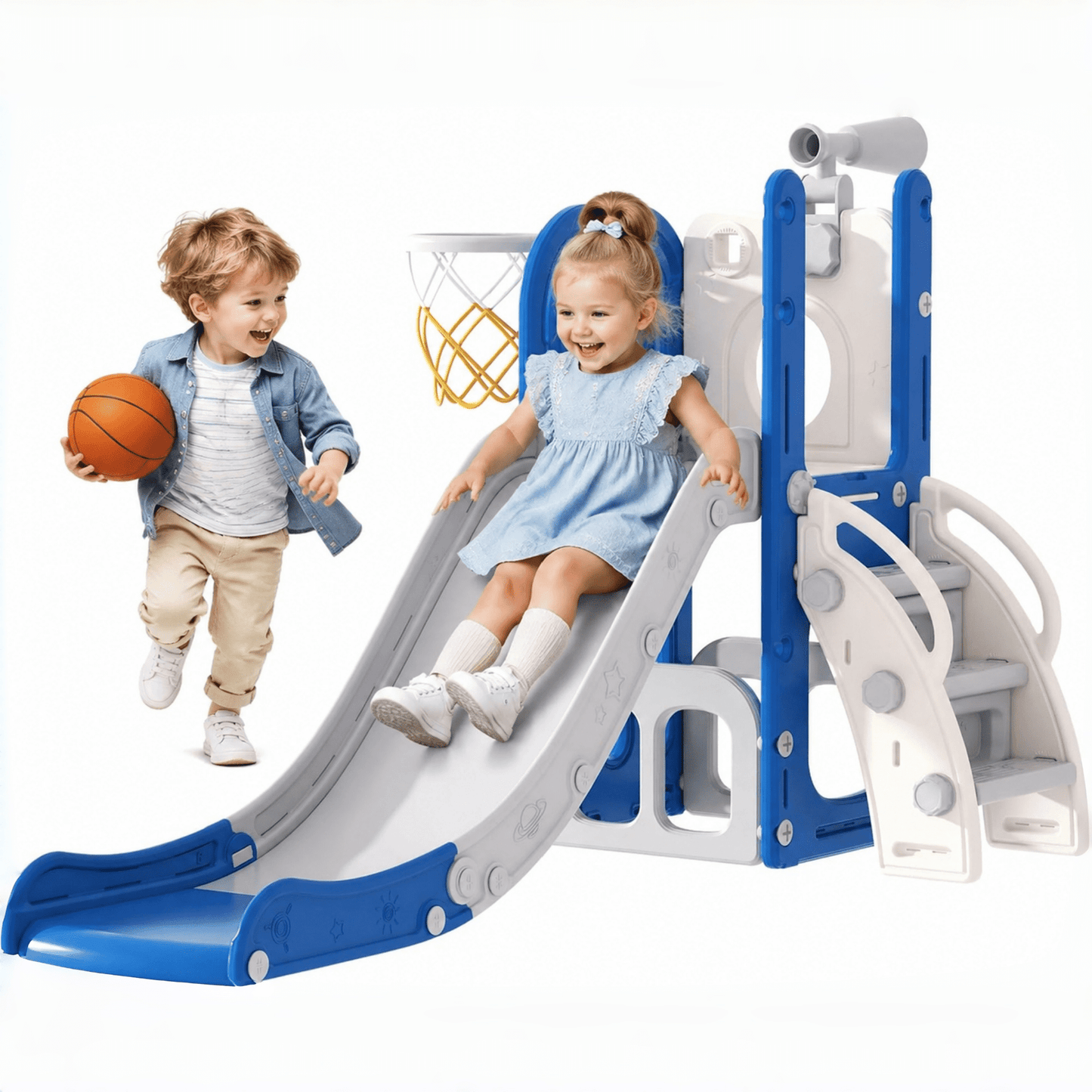 DKMOCO Toddler Slide, 6-in-1 Kids Slide with Basketball Hoop and Telescope, Outdoor Indoor Playset for todders 1-3, Blue Gray