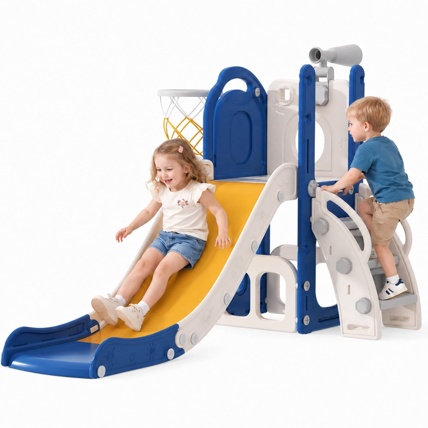 DKMOCO Toddler Slide, 6-in-1 Kids Slide with Basketball Hoop and Telescope, Outdoor Indoor Playset for todders 1-3, Blue Yellow