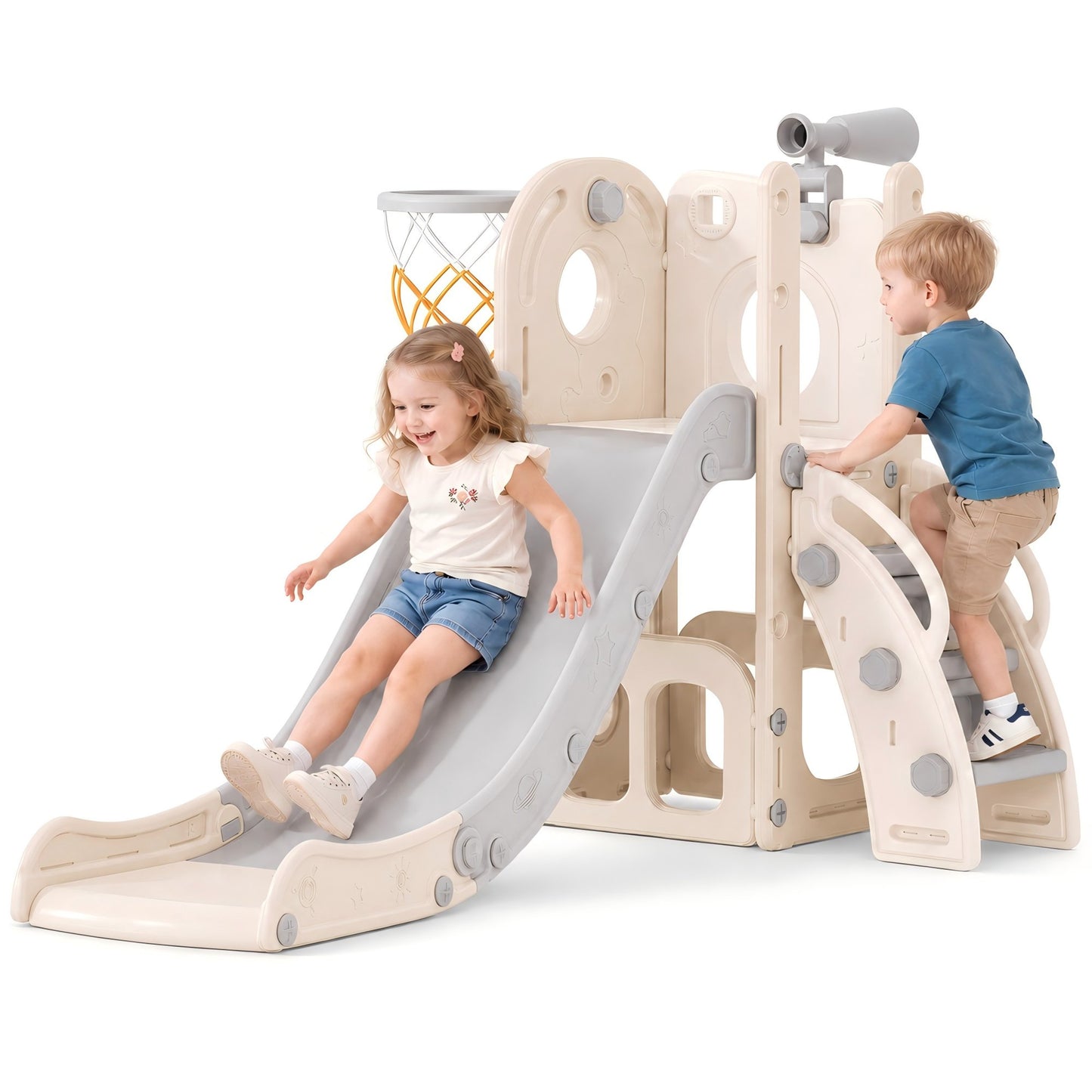DKMOCO Toddler Slide, 6-in-1 Kids Slide with Basketball Hoop and Telescope, Outdoor Indoor Playset for todders 1-3, White Gray